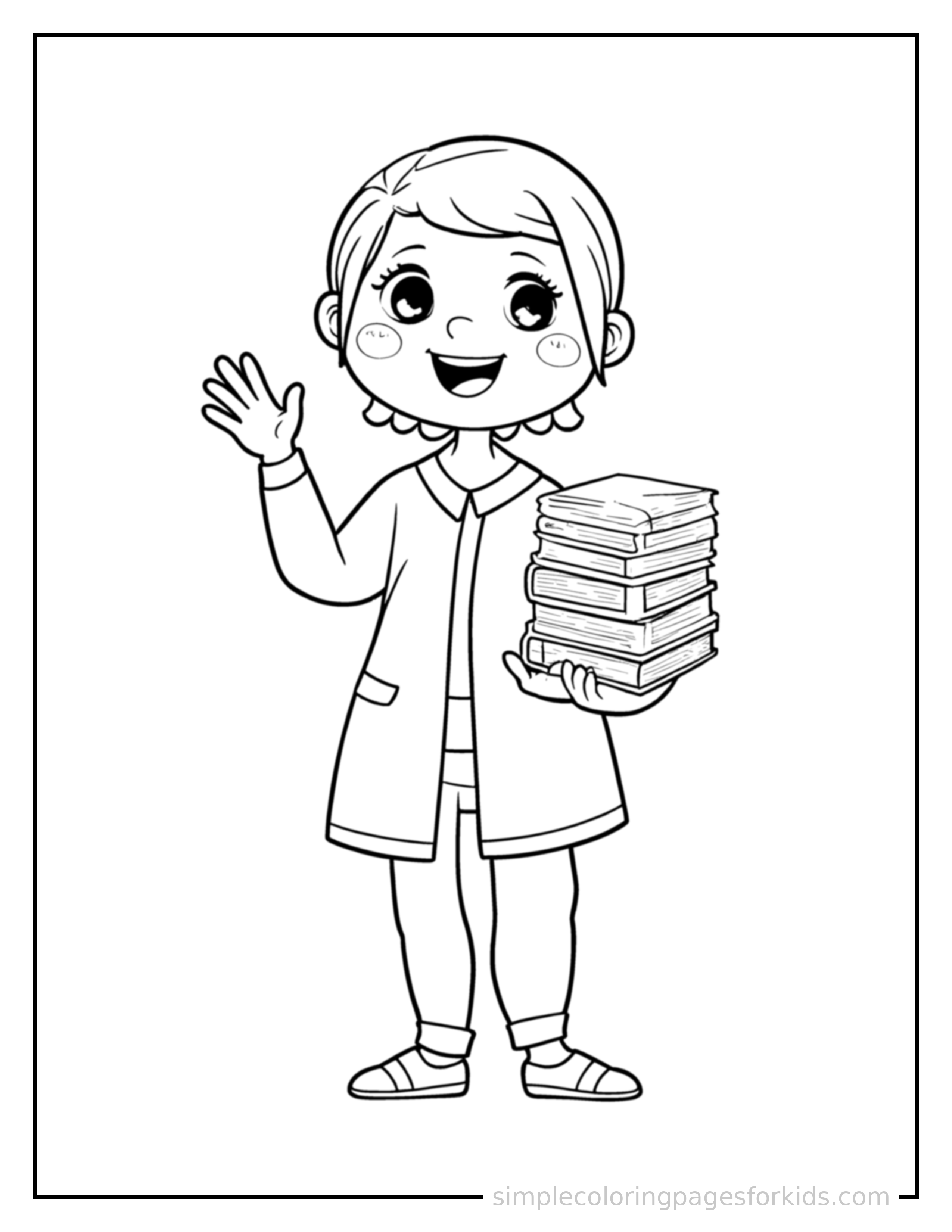 Free printable librarian holding a stack of books coloring page featuring a cute librarian holding a stack of books standing tall with a big cheerful grin, one hand raised in a wave, head tilted slightly.