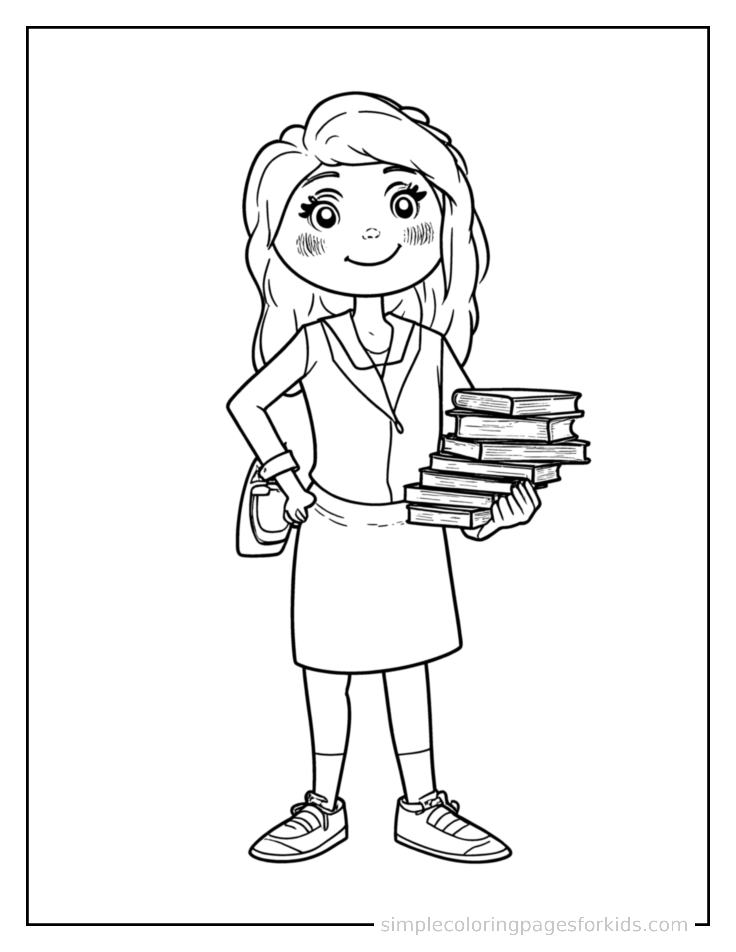 Free printable librarian holding a stack of books coloring page featuring a cute librarian holding a stack of books standing proudly with hands on hips, chest out, big sparkling happy eyes and open smile.