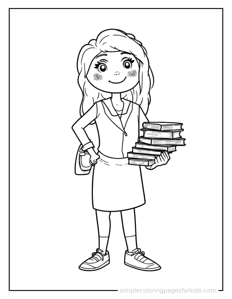 Proud Librarian Holding A Stack Of Books Coloring Page