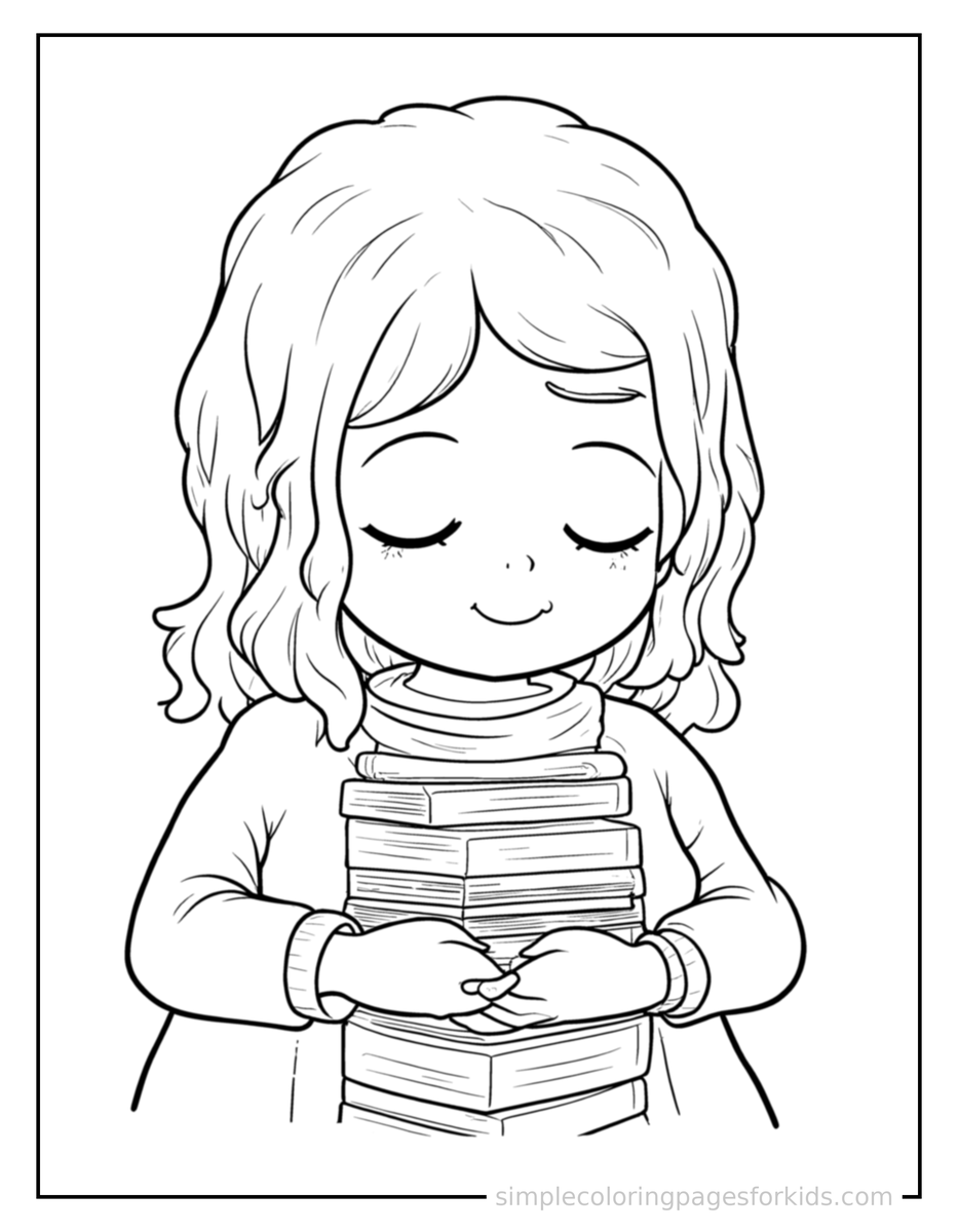 Sleepy Librarian Holding A Stack Of Books Coloring Page
