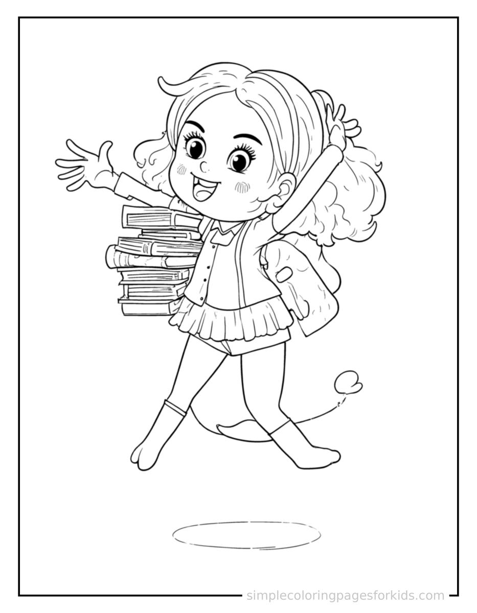 Jumping Librarian Holding A Stack Of Books Coloring Page