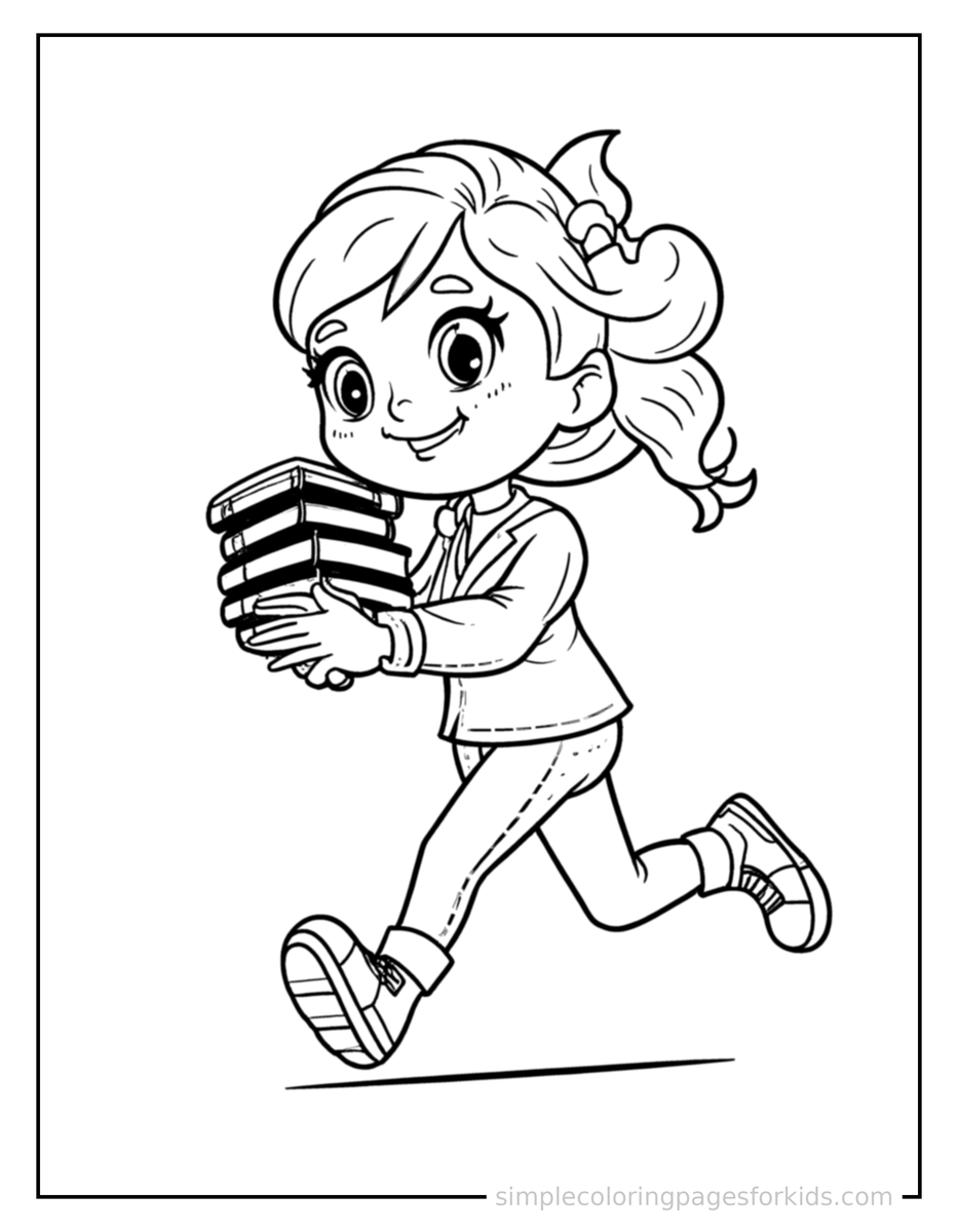 Running Librarian Holding A Stack Of Books Coloring Page