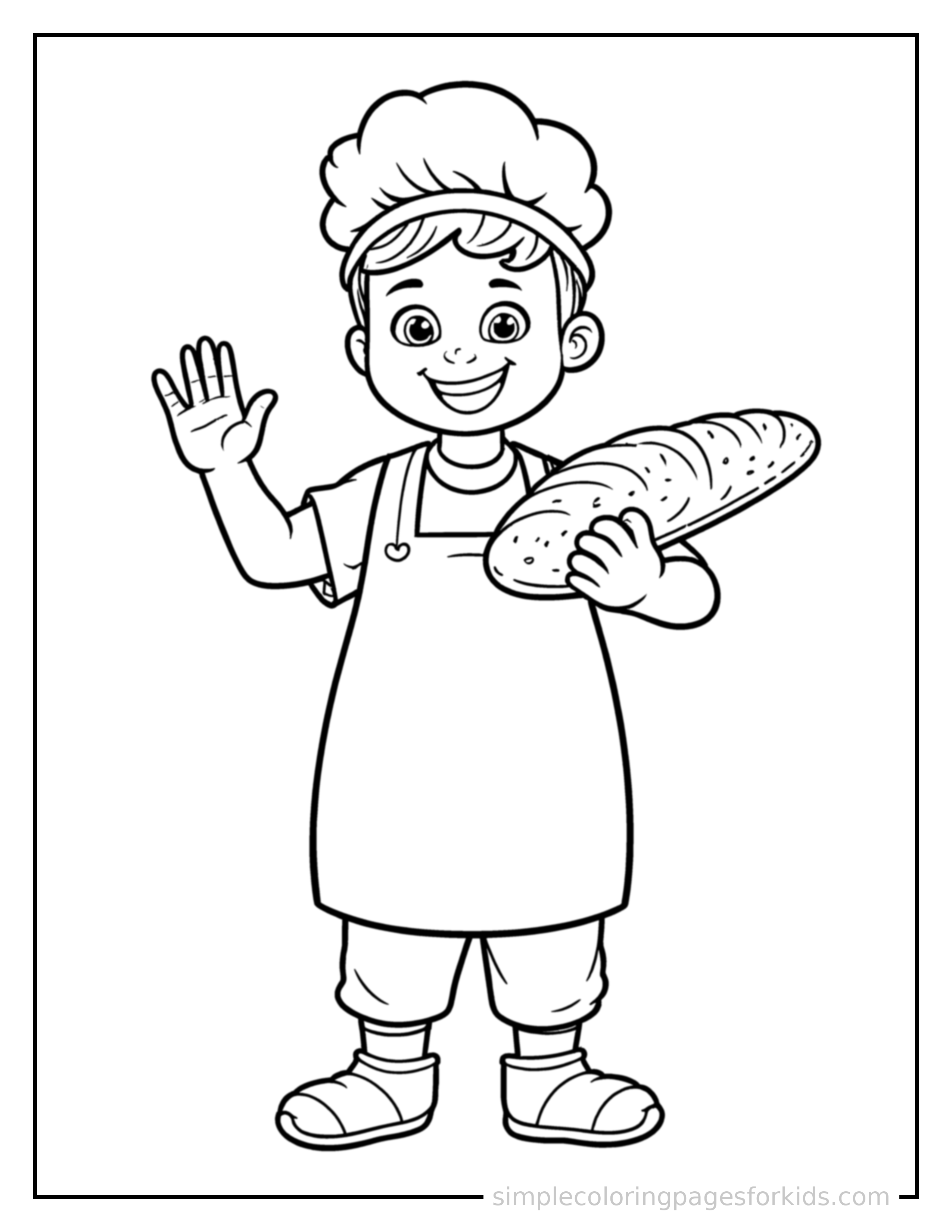 Free printable baker holding a fresh loaf of bread coloring page featuring a cute baker holding a fresh loaf of bread standing tall with a big cheerful grin, one hand raised in a wave, head tilted slightly.