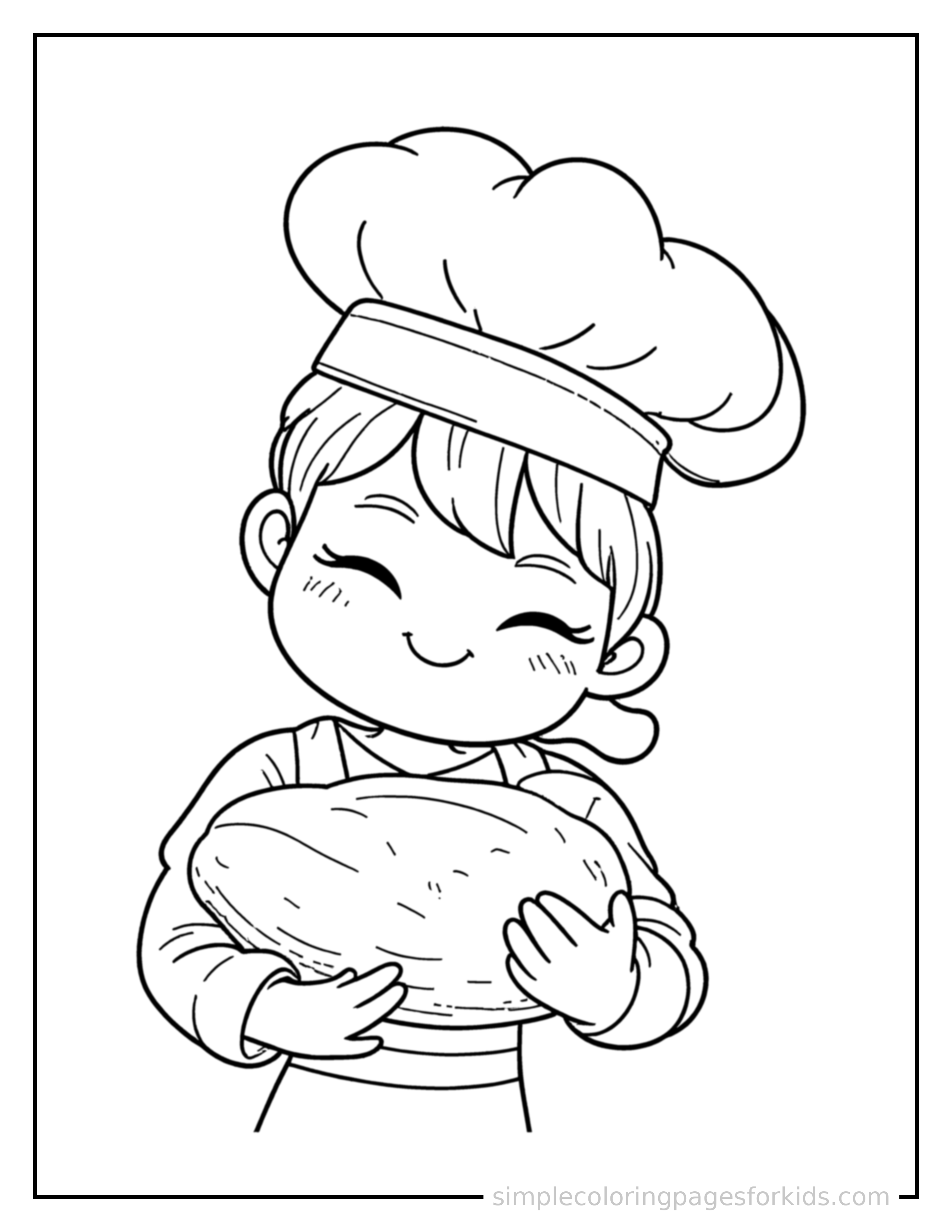 Free printable baker holding a fresh loaf of bread coloring page featuring a cute baker holding a fresh loaf of bread curled up fast asleep, peaceful smile, one eye scrunched shut, hands tucked under the chin.
