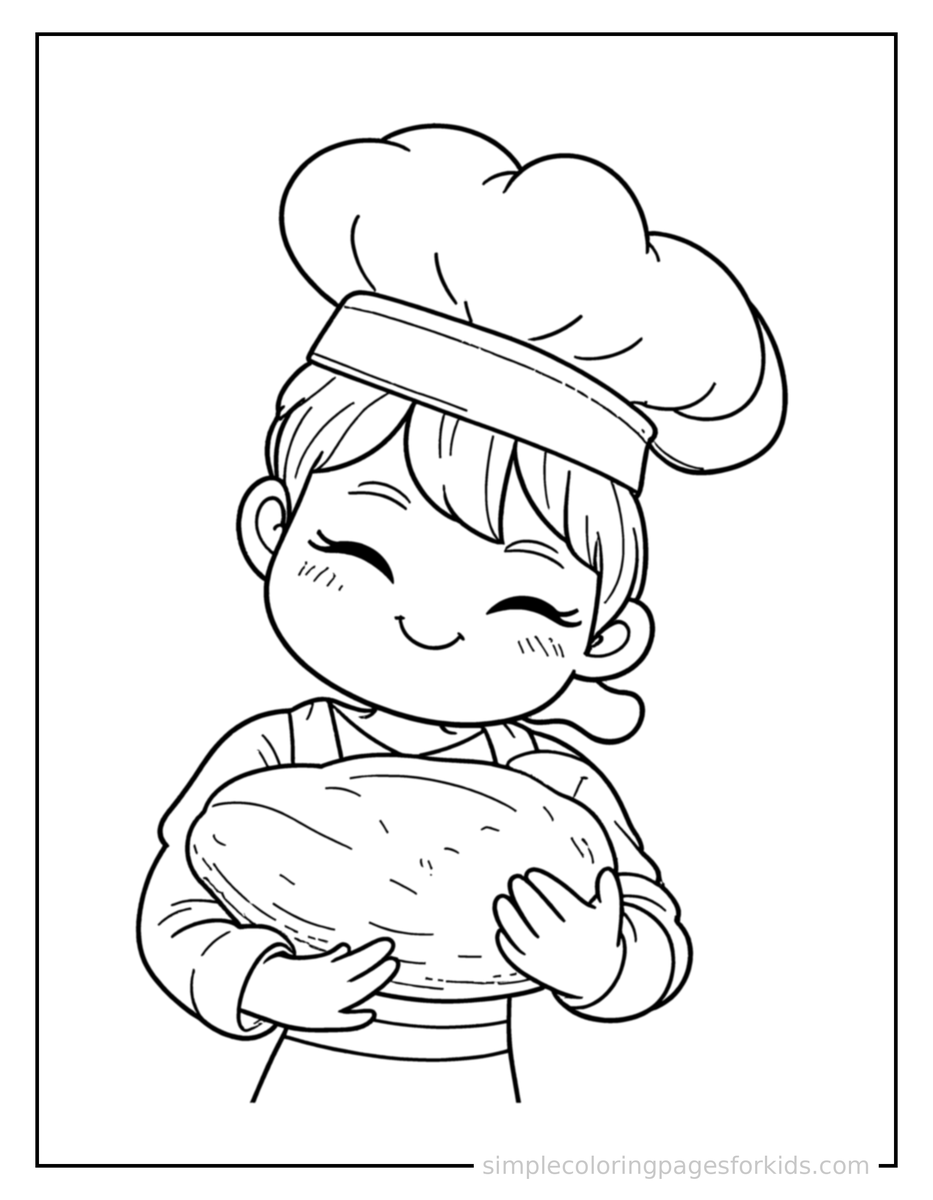 Sleepy Baker Holding A Fresh Loaf Of Bread Coloring Page