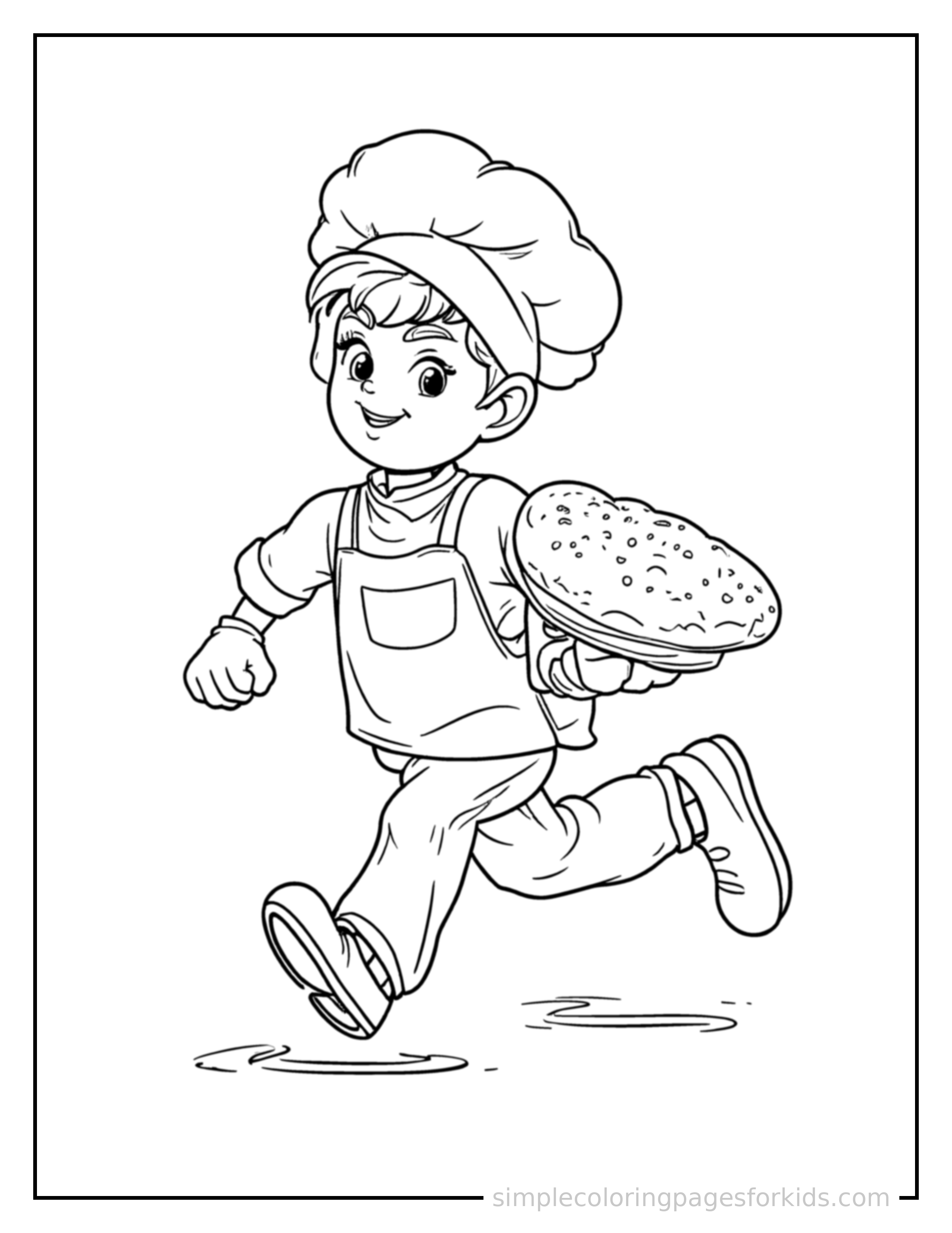 Free printable baker holding a fresh loaf of bread coloring page featuring a cute baker holding a fresh loaf of bread running forward at full speed, arms pumping, big happy grin.
