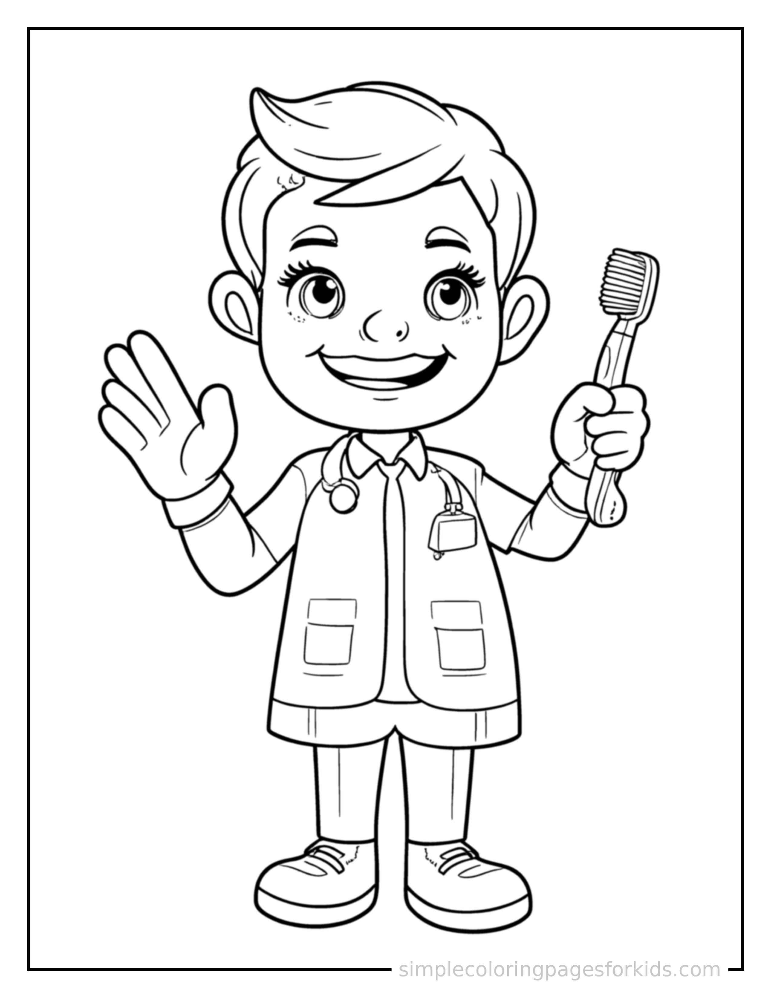 Free printable dentist holding a toothbrush coloring page featuring a cute dentist holding a toothbrush standing tall with a big cheerful grin, one hand raised in a wave, head tilted slightly.