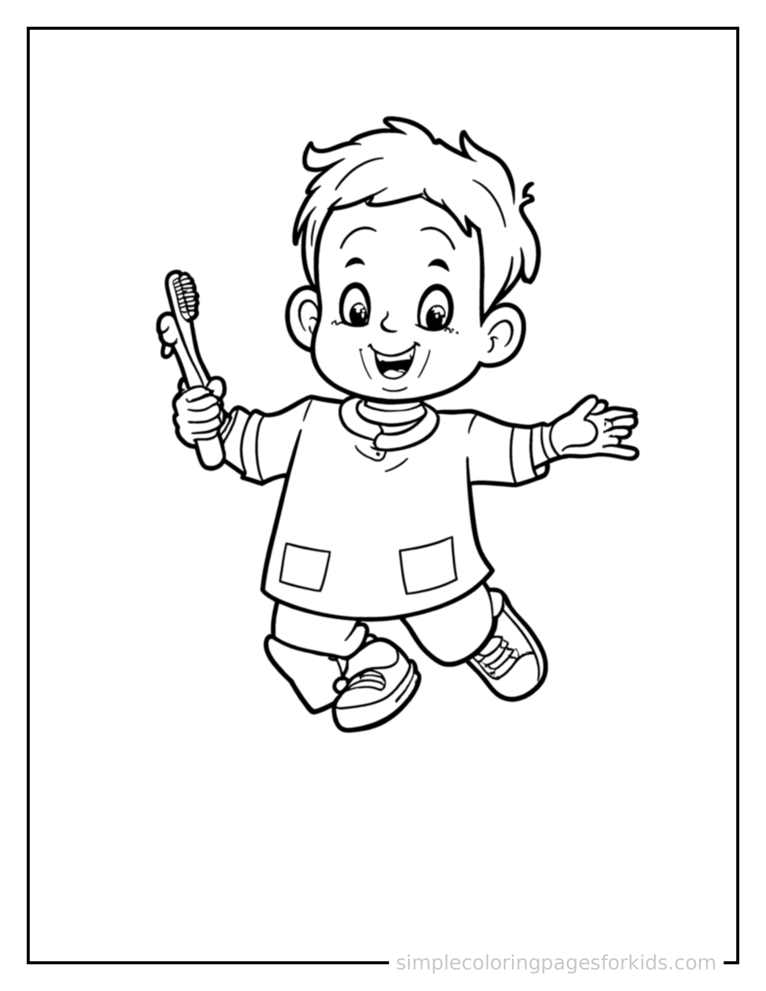 Free printable dentist holding a toothbrush coloring page featuring a cute dentist holding a toothbrush mid-jump with arms and legs stretched out playfully, mouth open with excitement.