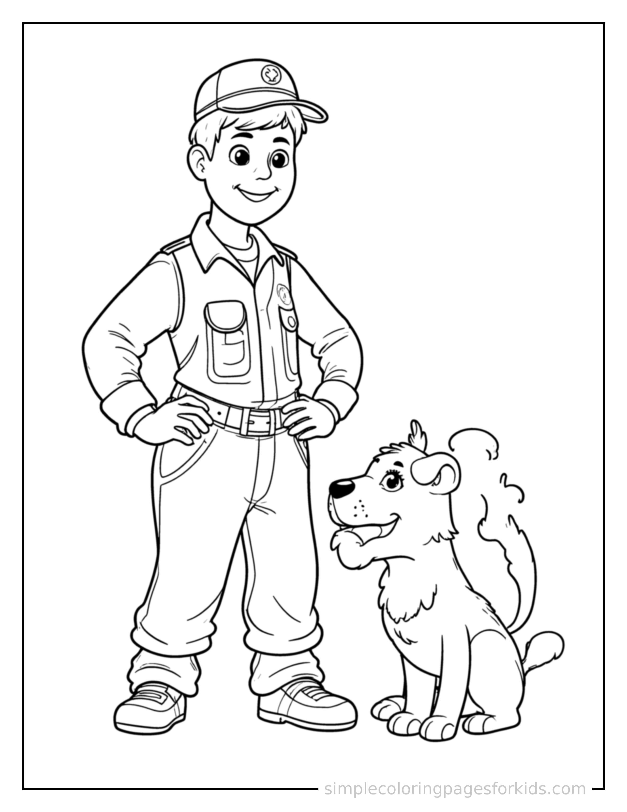 Free printable zookeeper feeding a friendly animal coloring page featuring a cute zookeeper feeding a friendly animal standing proudly with hands on hips, chest out, big sparkling happy eyes and open smile.