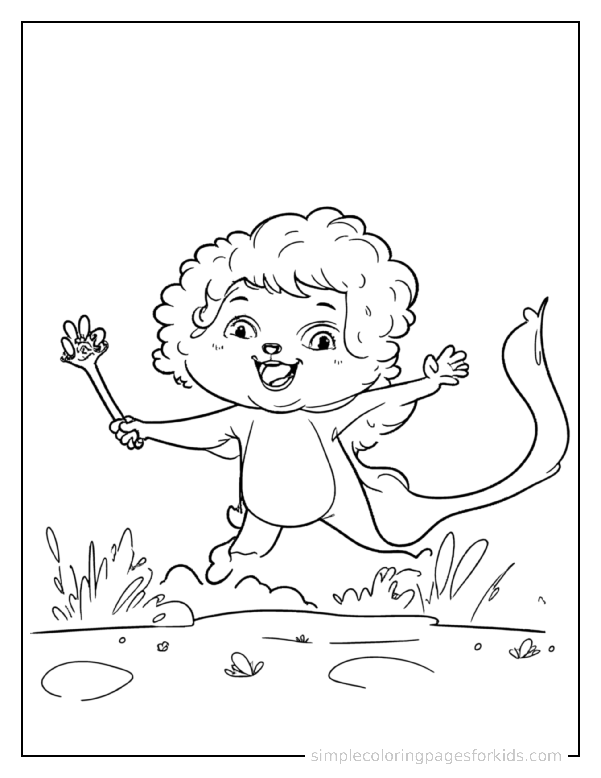 Free printable zookeeper feeding a friendly animal coloring page featuring a cute zookeeper feeding a friendly animal mid-jump with arms and legs stretched out playfully, mouth open with excitement.