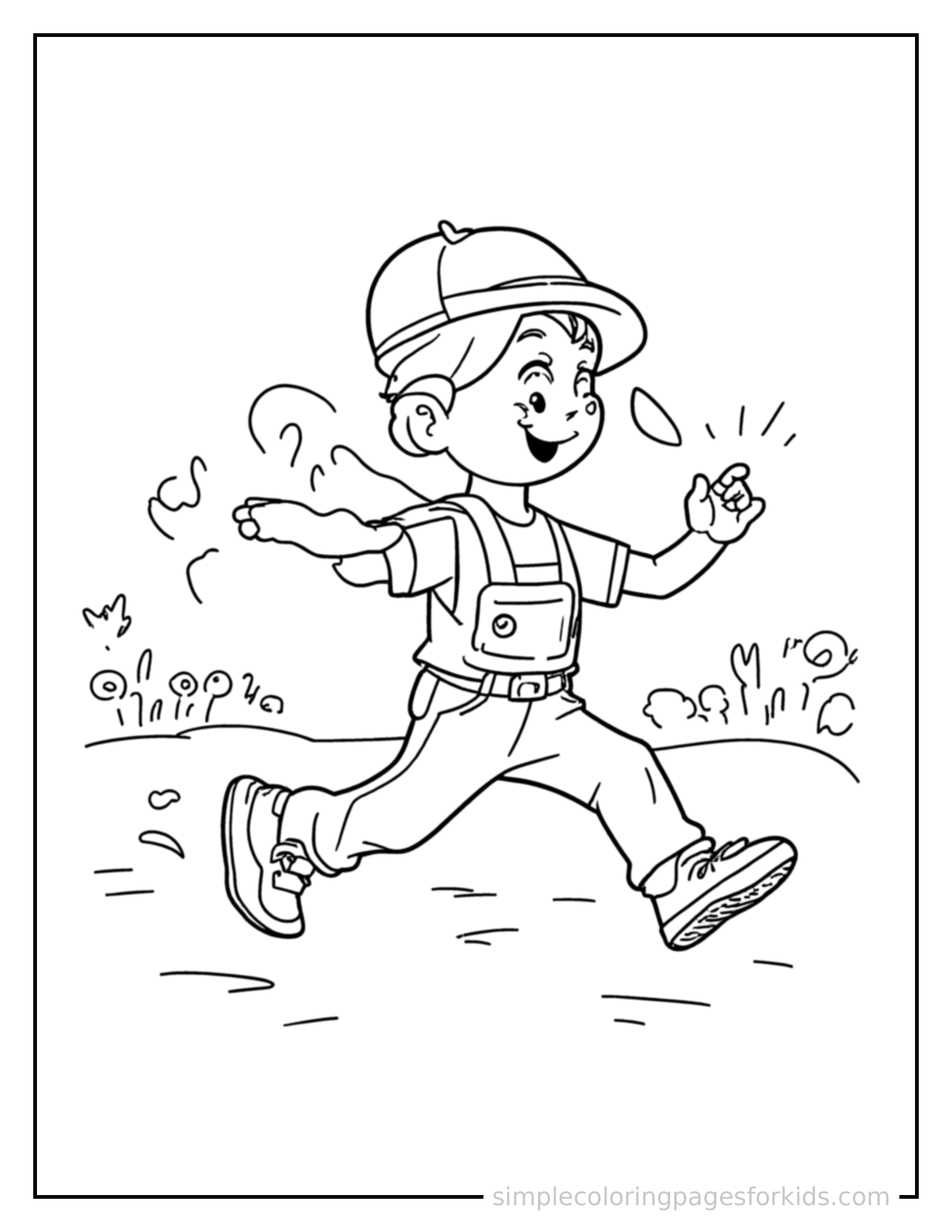Free printable zookeeper feeding a friendly animal coloring page featuring a cute zookeeper feeding a friendly animal running forward at full speed, arms pumping, big happy grin.