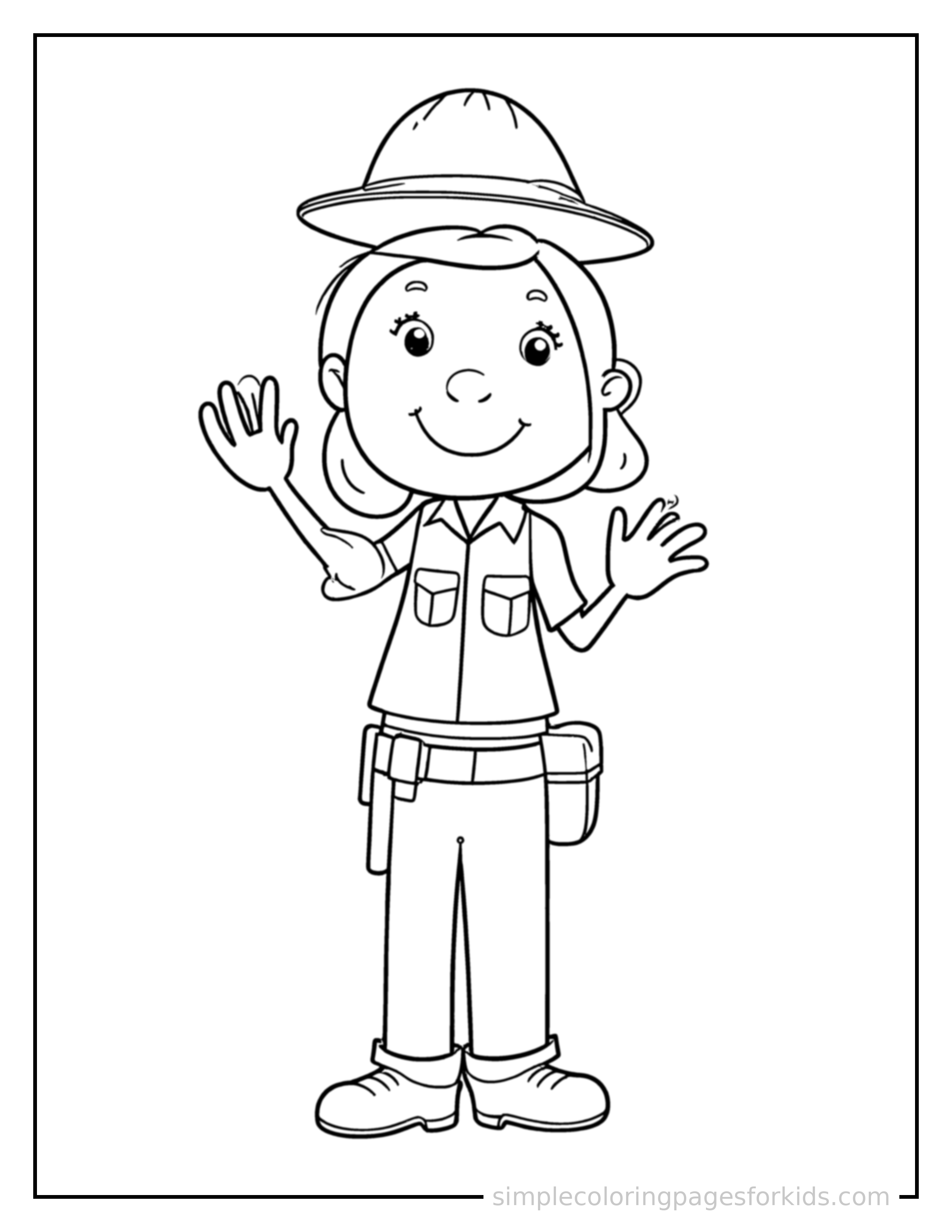 Free printable park ranger wearing a ranger hat coloring page featuring a cute park ranger wearing a ranger hat standing tall with a big cheerful grin, one hand raised in a wave, head tilted slightly.