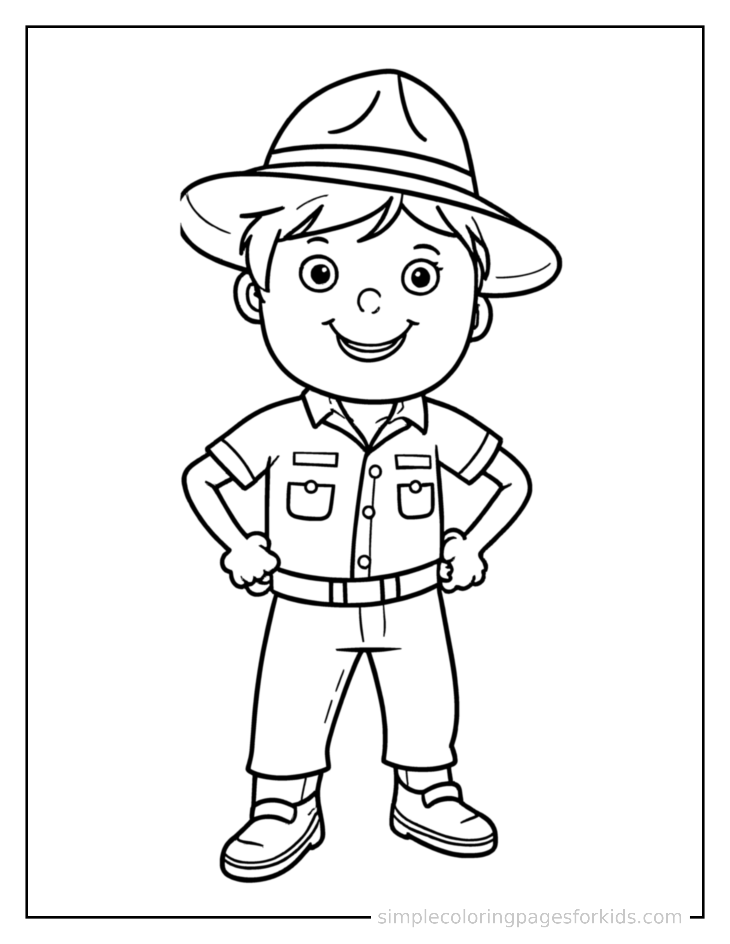 Free printable park ranger wearing a ranger hat coloring page featuring a cute park ranger wearing a ranger hat standing proudly with hands on hips, chest out, big sparkling happy eyes and open smile.