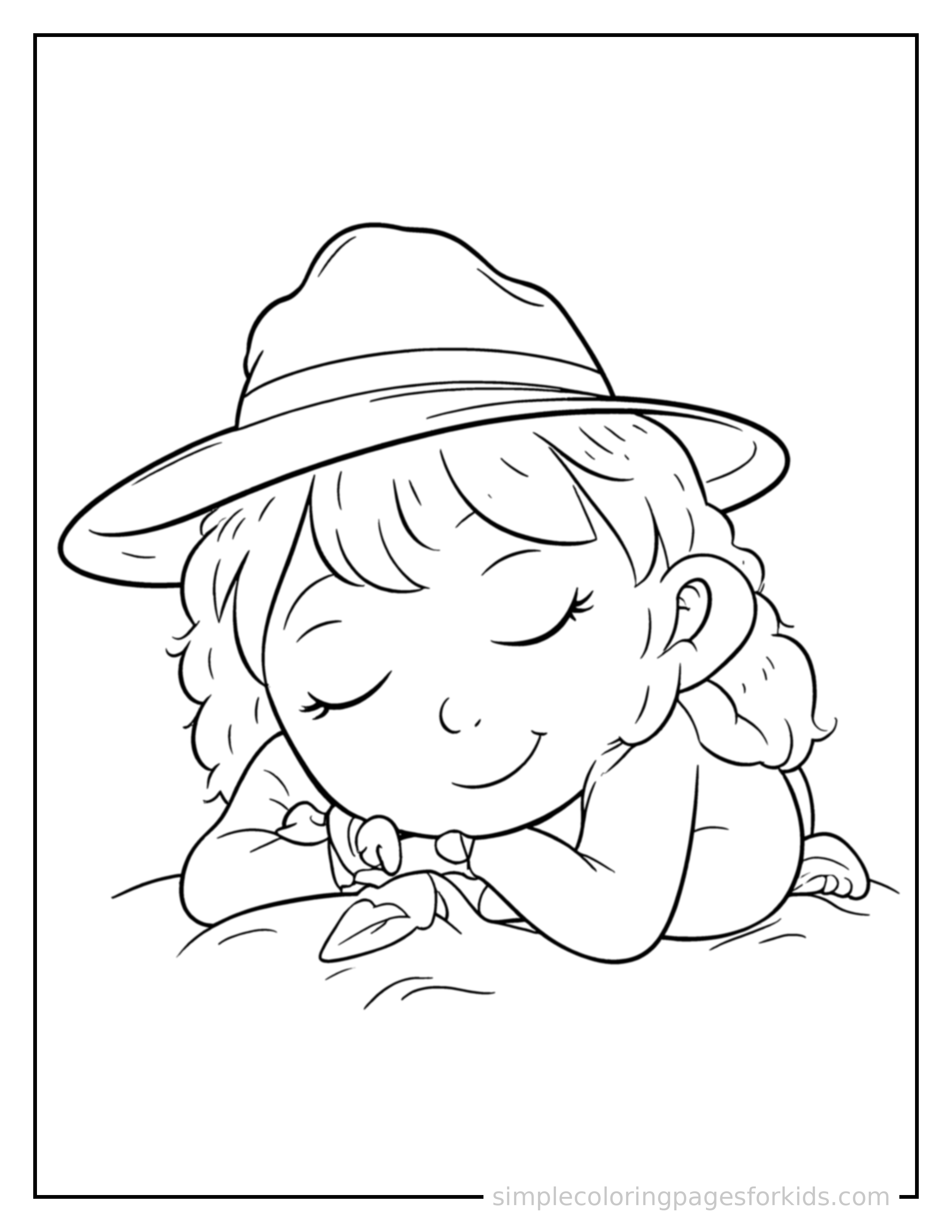 Free printable park ranger wearing a ranger hat coloring page featuring a cute park ranger wearing a ranger hat curled up fast asleep, peaceful smile, one eye scrunched shut, hands tucked under the chin.