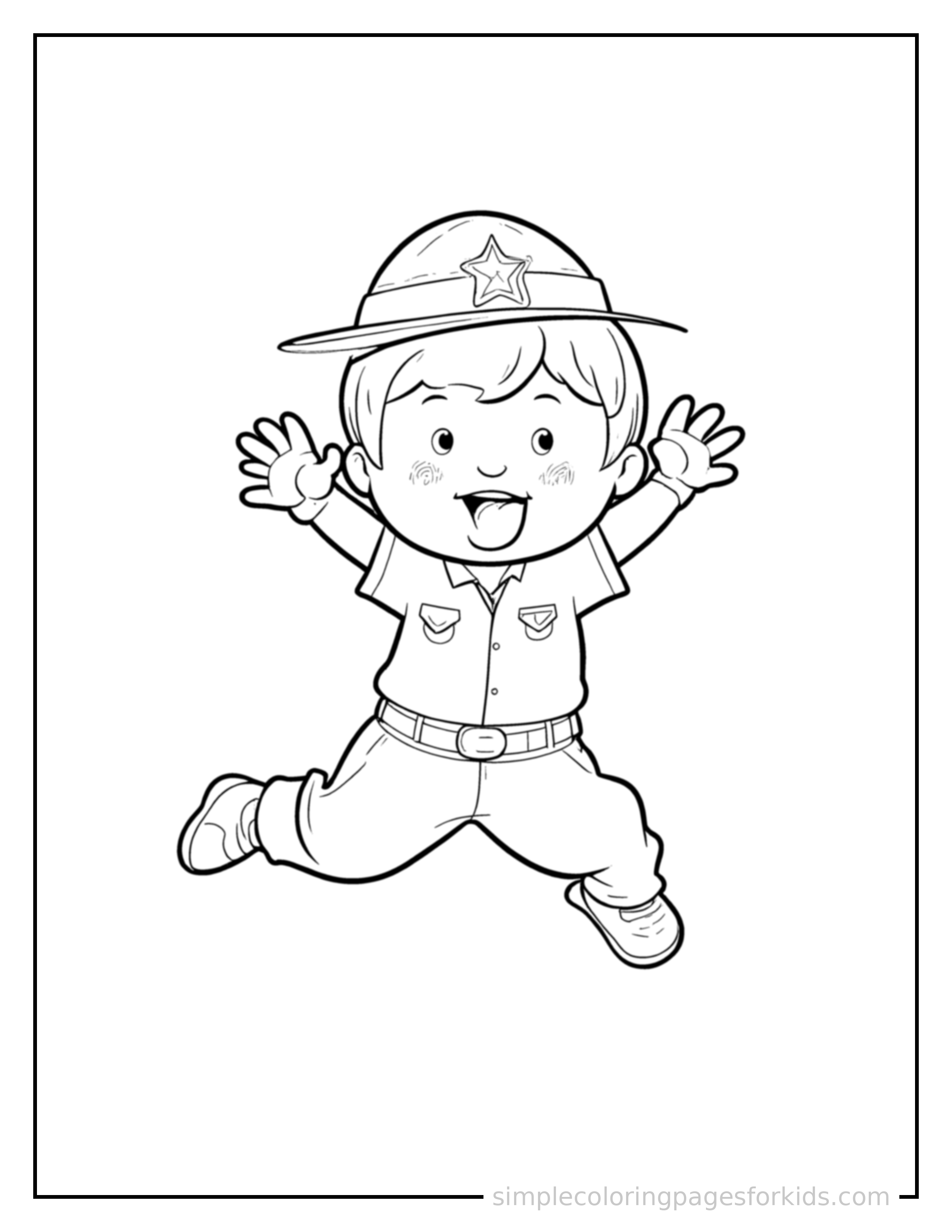 Free printable park ranger wearing a ranger hat coloring page featuring a cute park ranger wearing a ranger hat mid-jump with arms and legs stretched out playfully, mouth open with excitement.