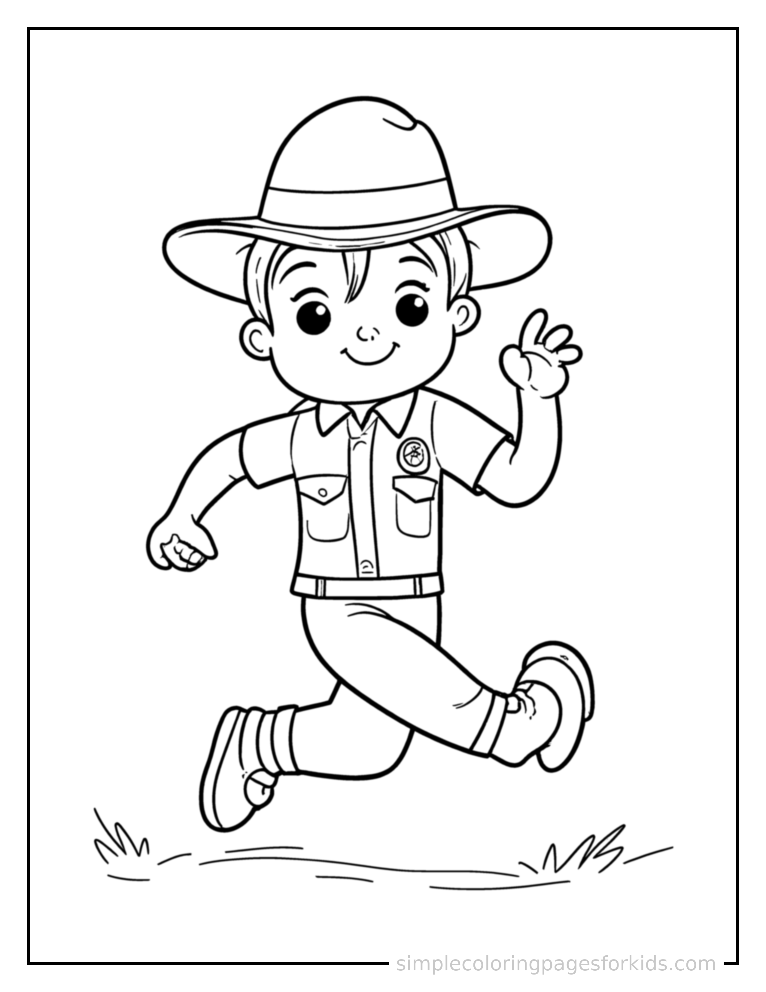 Free printable park ranger wearing a ranger hat coloring page featuring a cute park ranger wearing a ranger hat running forward at full speed, arms pumping, big happy grin.