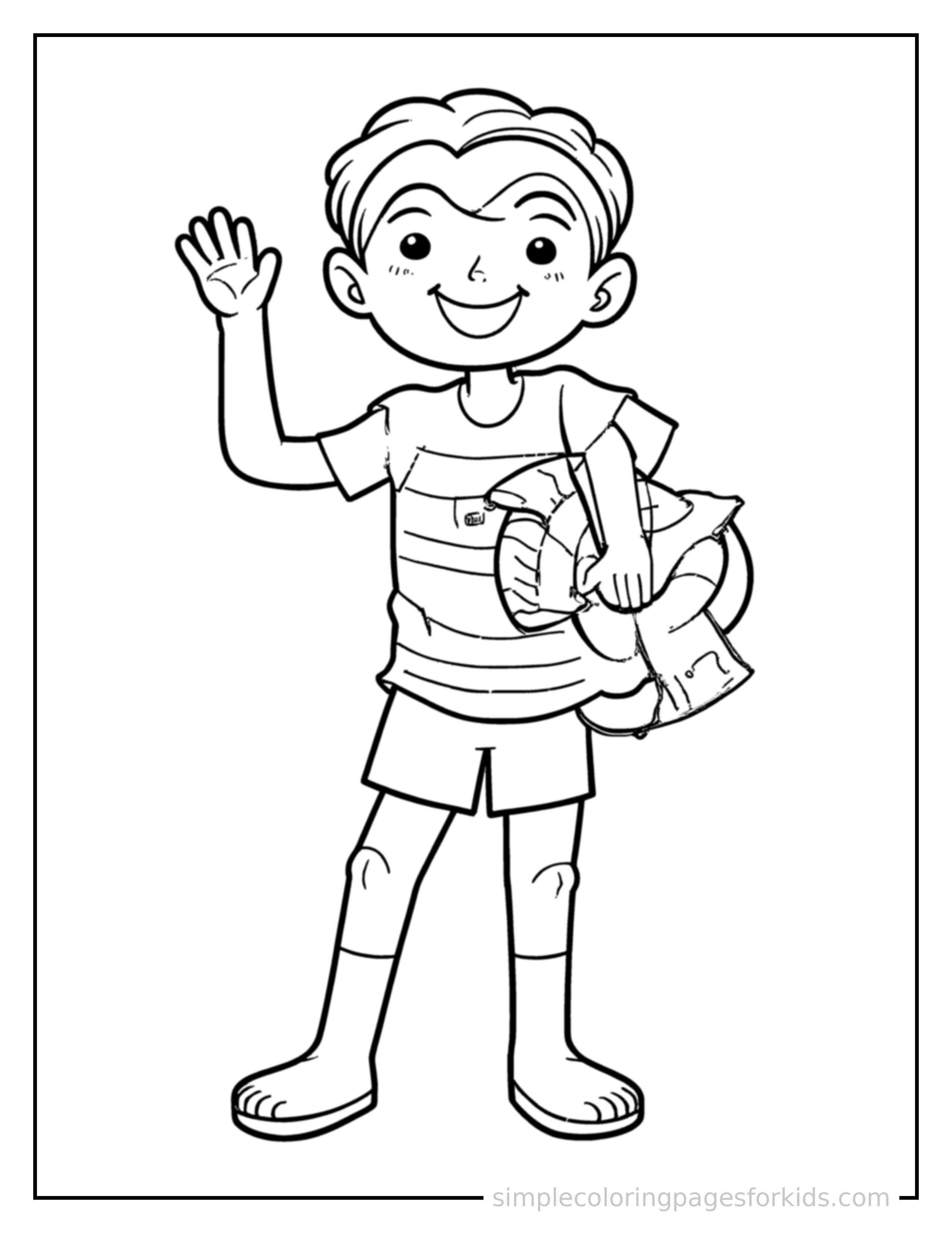 Free printable lifeguard holding a rescue float coloring page featuring a cute lifeguard holding a rescue float standing tall with a big cheerful grin, one hand raised in a wave, head tilted slightly.