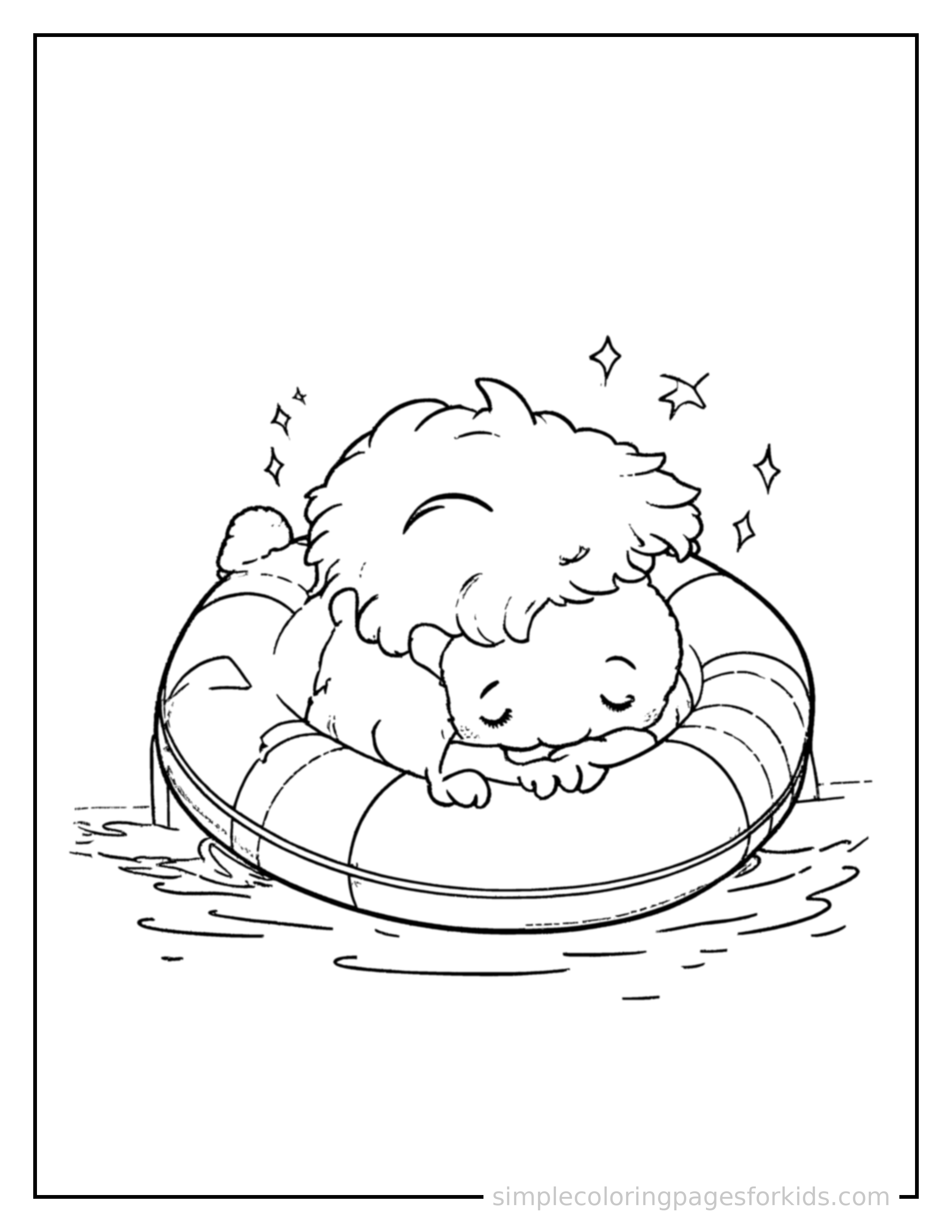 Free printable lifeguard holding a rescue float coloring page featuring a cute lifeguard holding a rescue float curled up fast asleep, peaceful smile, one eye scrunched shut, hands tucked under the chin.
