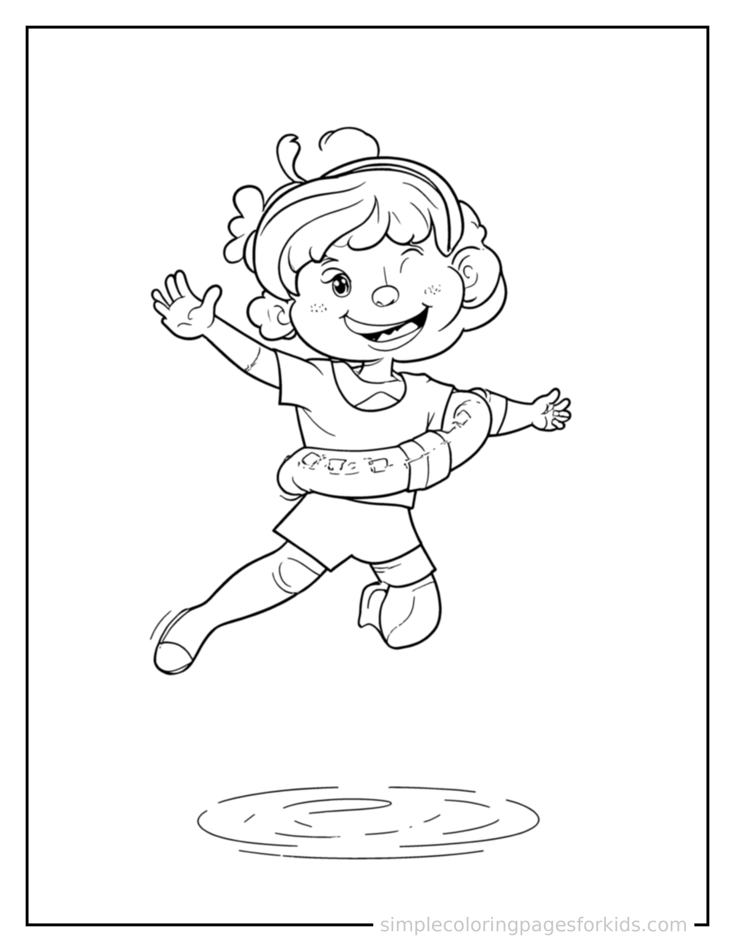 Free printable lifeguard holding a rescue float coloring page featuring a cute lifeguard holding a rescue float mid-jump with arms and legs stretched out playfully, mouth open with excitement.