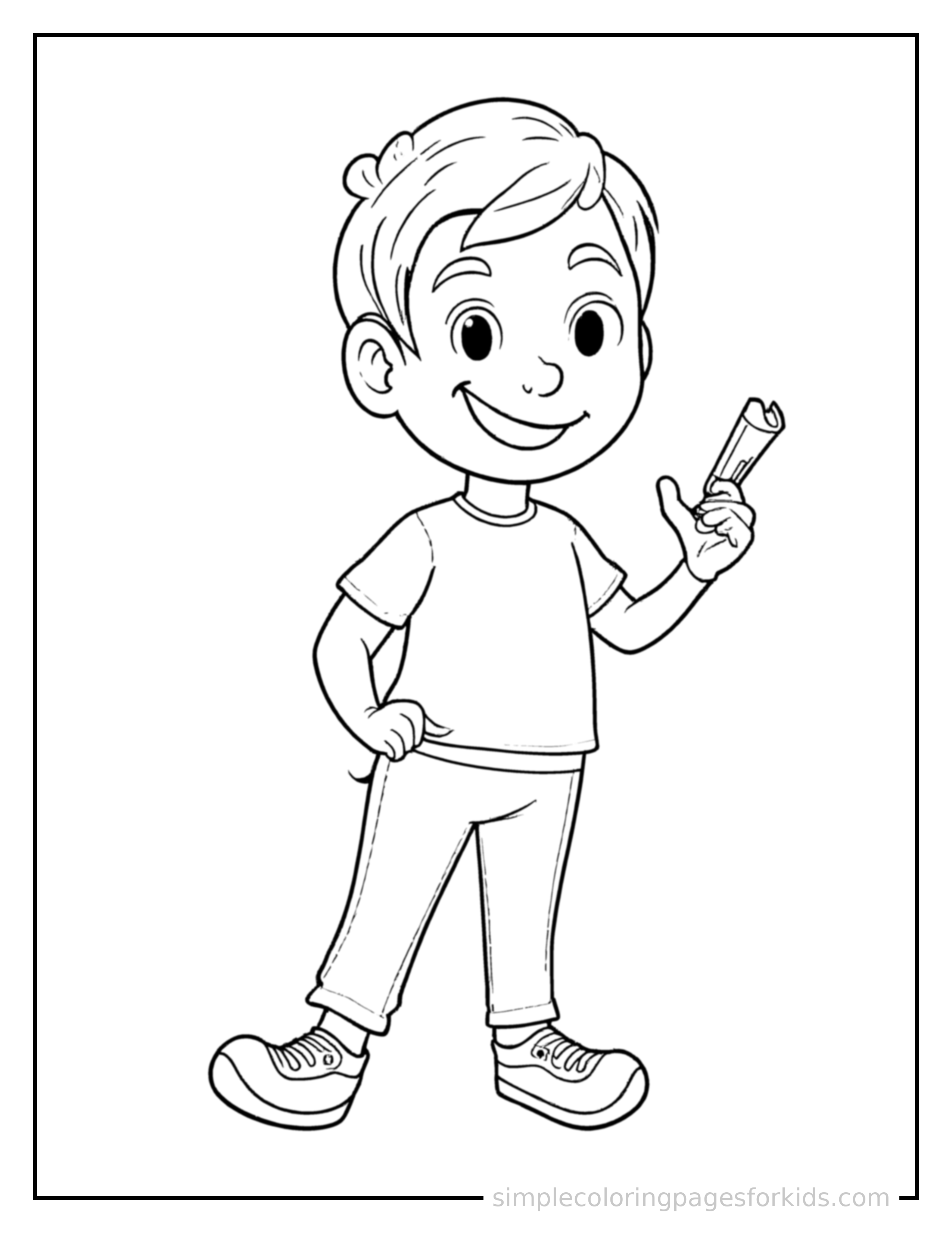 Free printable sports coach holding a whistle coloring page featuring a cute sports coach holding a whistle standing tall with a big cheerful grin, one hand raised in a wave, head tilted slightly.