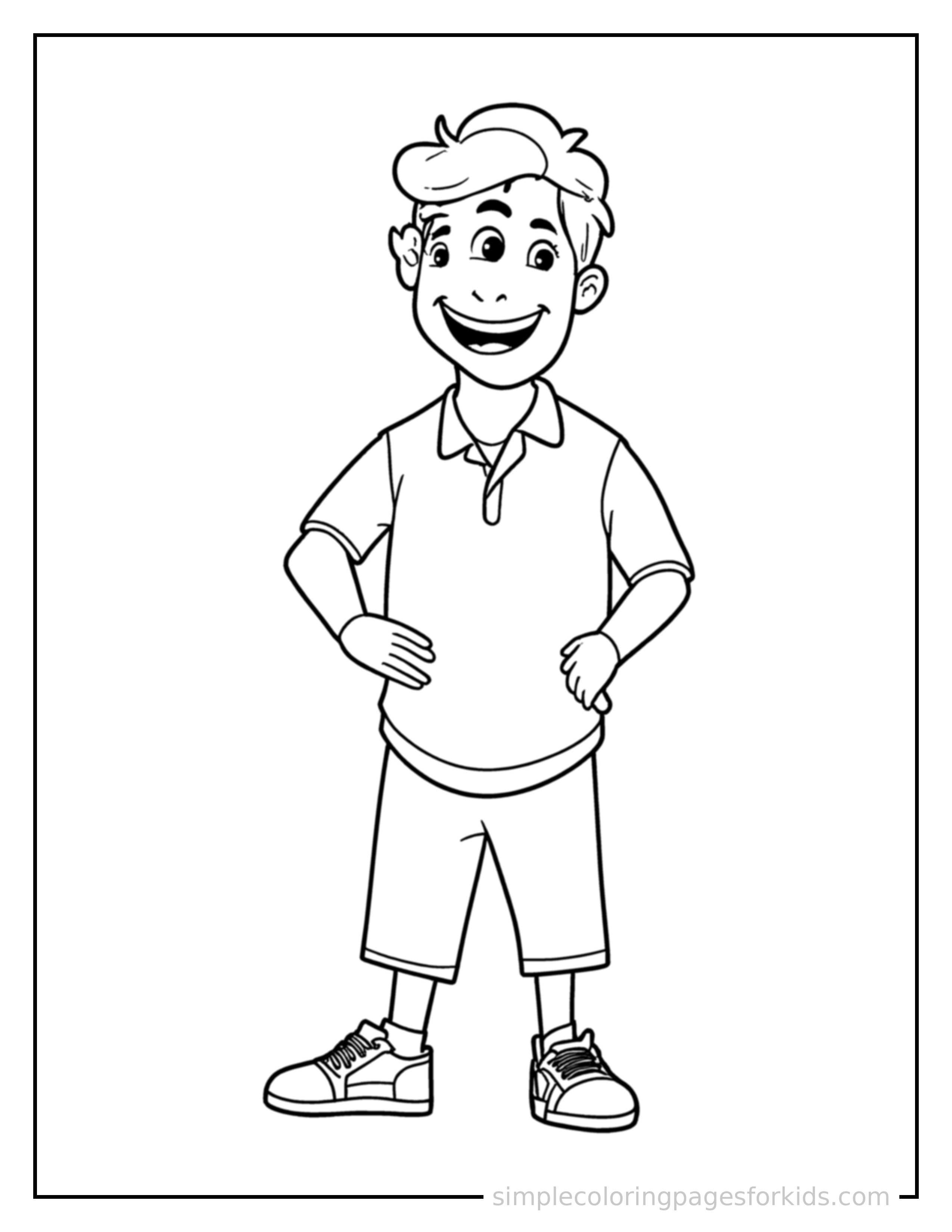 Free printable sports coach holding a whistle coloring page featuring a cute sports coach holding a whistle standing proudly with hands on hips, chest out, big sparkling happy eyes and open smile.