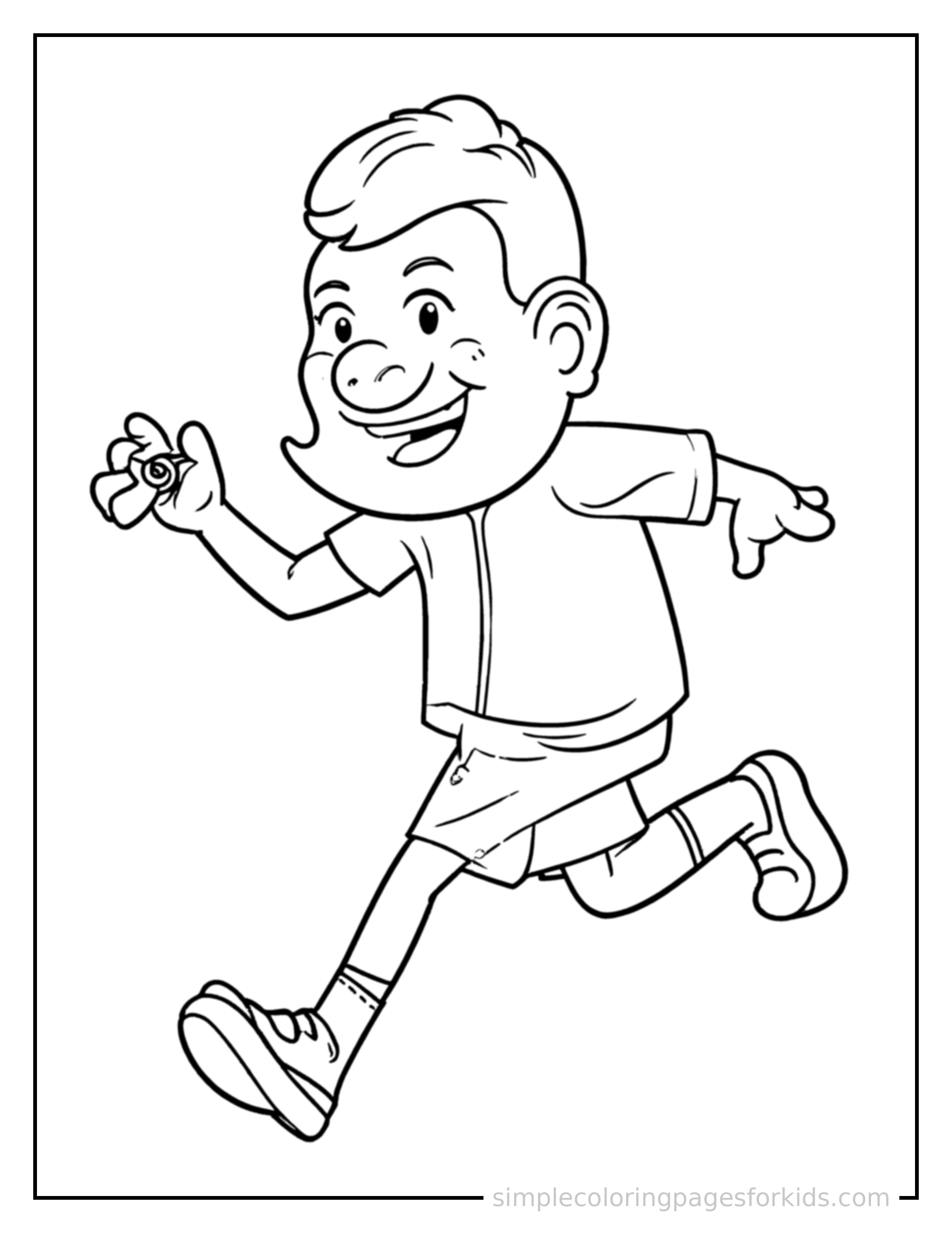 Free printable sports coach holding a whistle coloring page featuring a cute sports coach holding a whistle running forward at full speed, arms pumping, big happy grin.