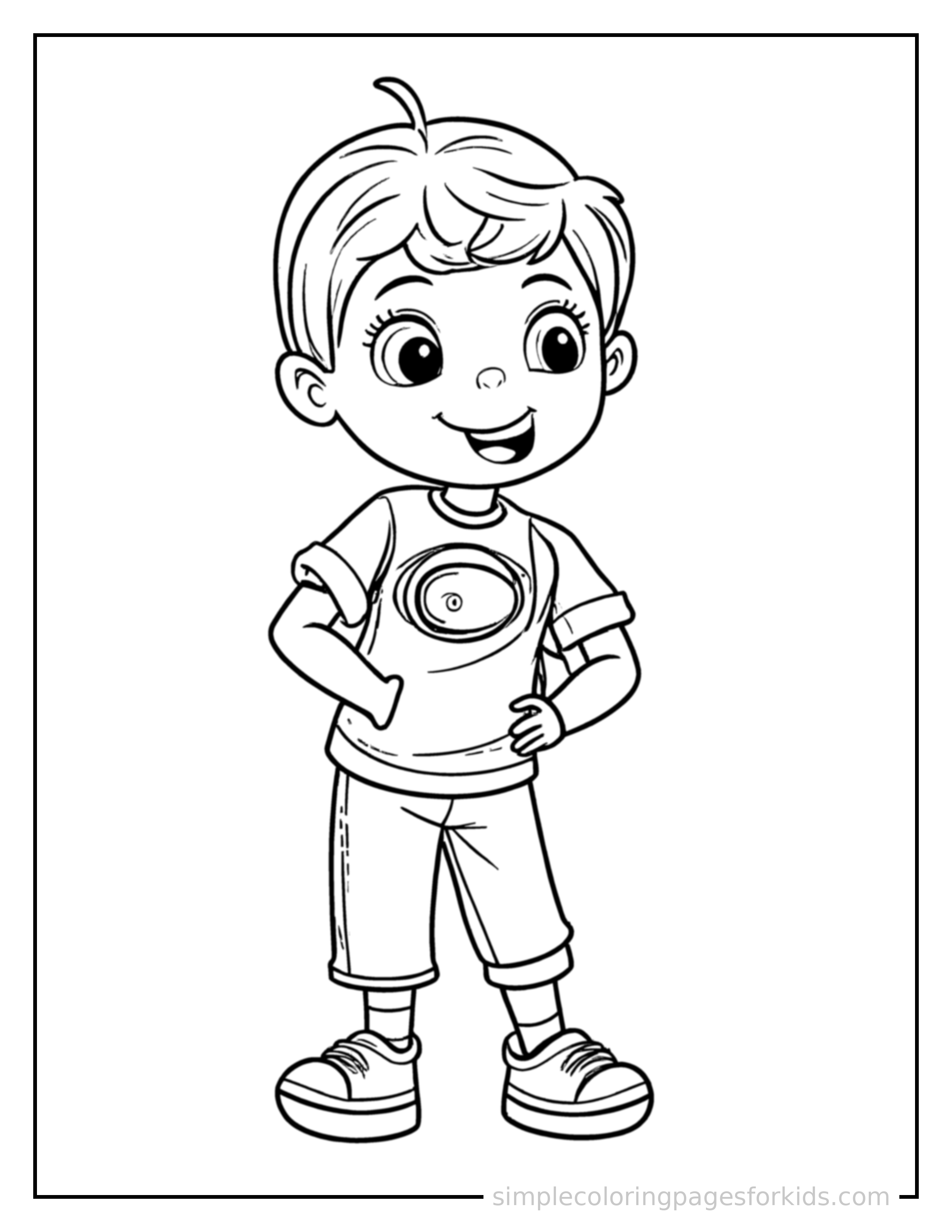 Free printable photographer holding a camera coloring page featuring a cute photographer holding a camera standing proudly with hands on hips, chest out, big sparkling happy eyes and open smile.