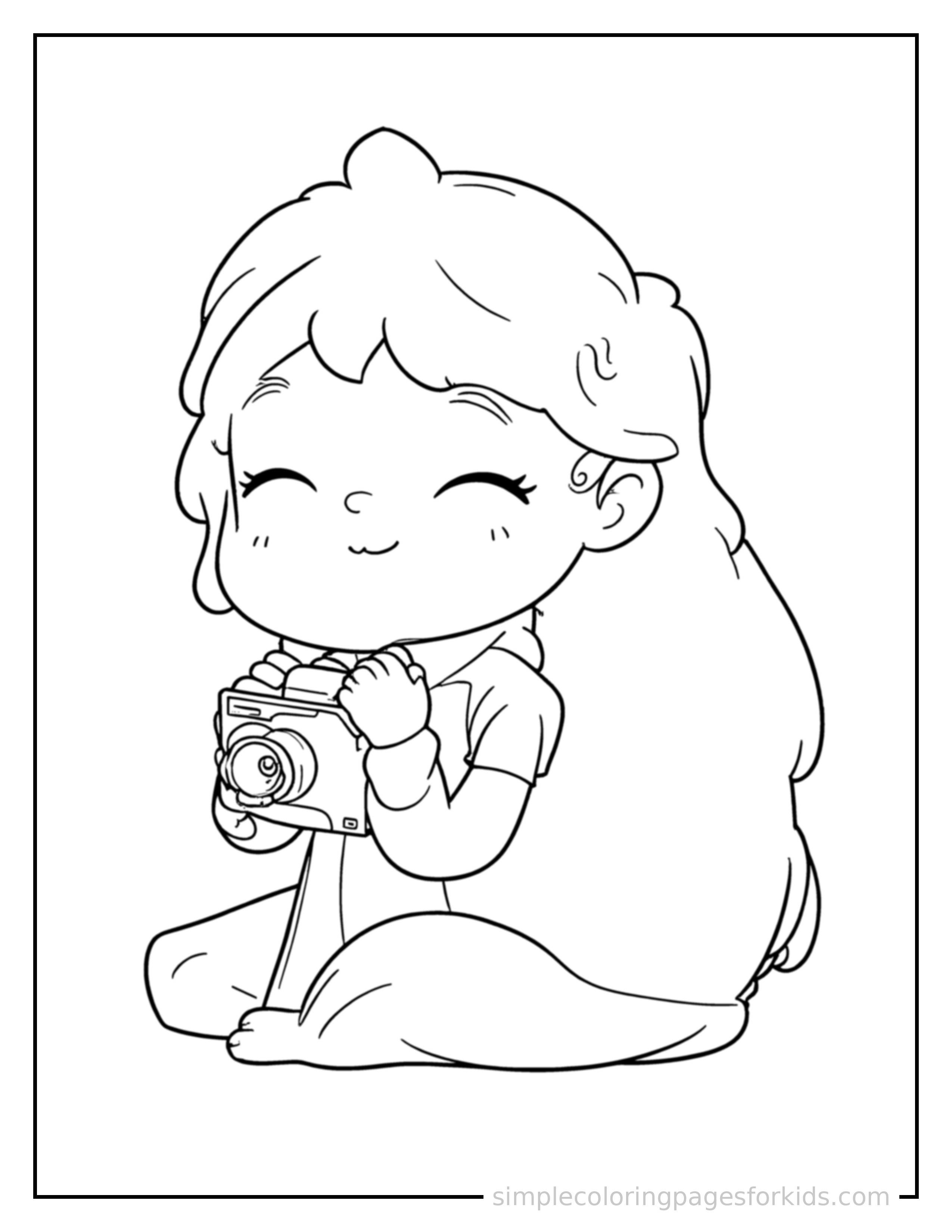 Free printable photographer holding a camera coloring page featuring a cute photographer holding a camera curled up fast asleep, peaceful smile, one eye scrunched shut, hands tucked under the chin.