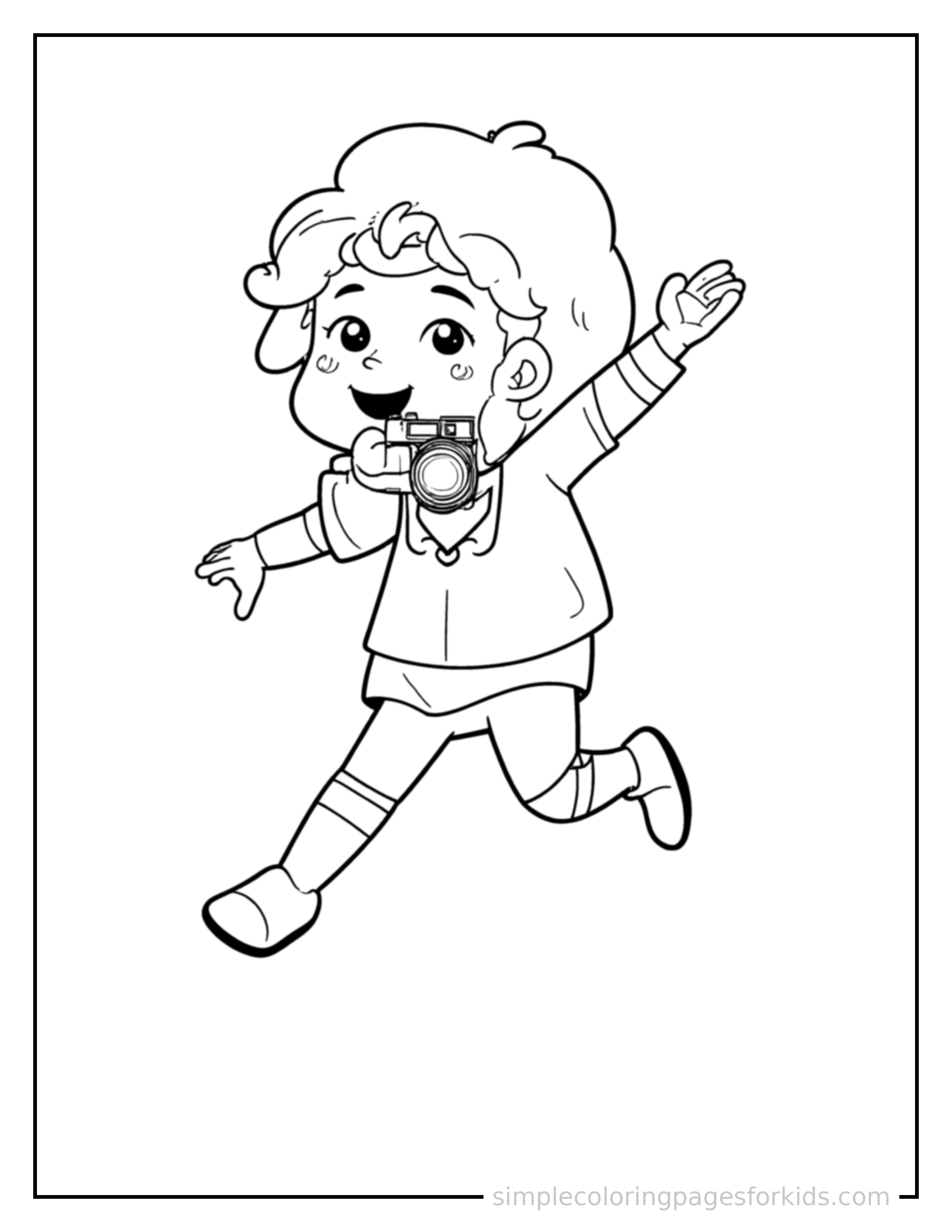 Free printable photographer holding a camera coloring page featuring a cute photographer holding a camera mid-jump with arms and legs stretched out playfully, mouth open with excitement.