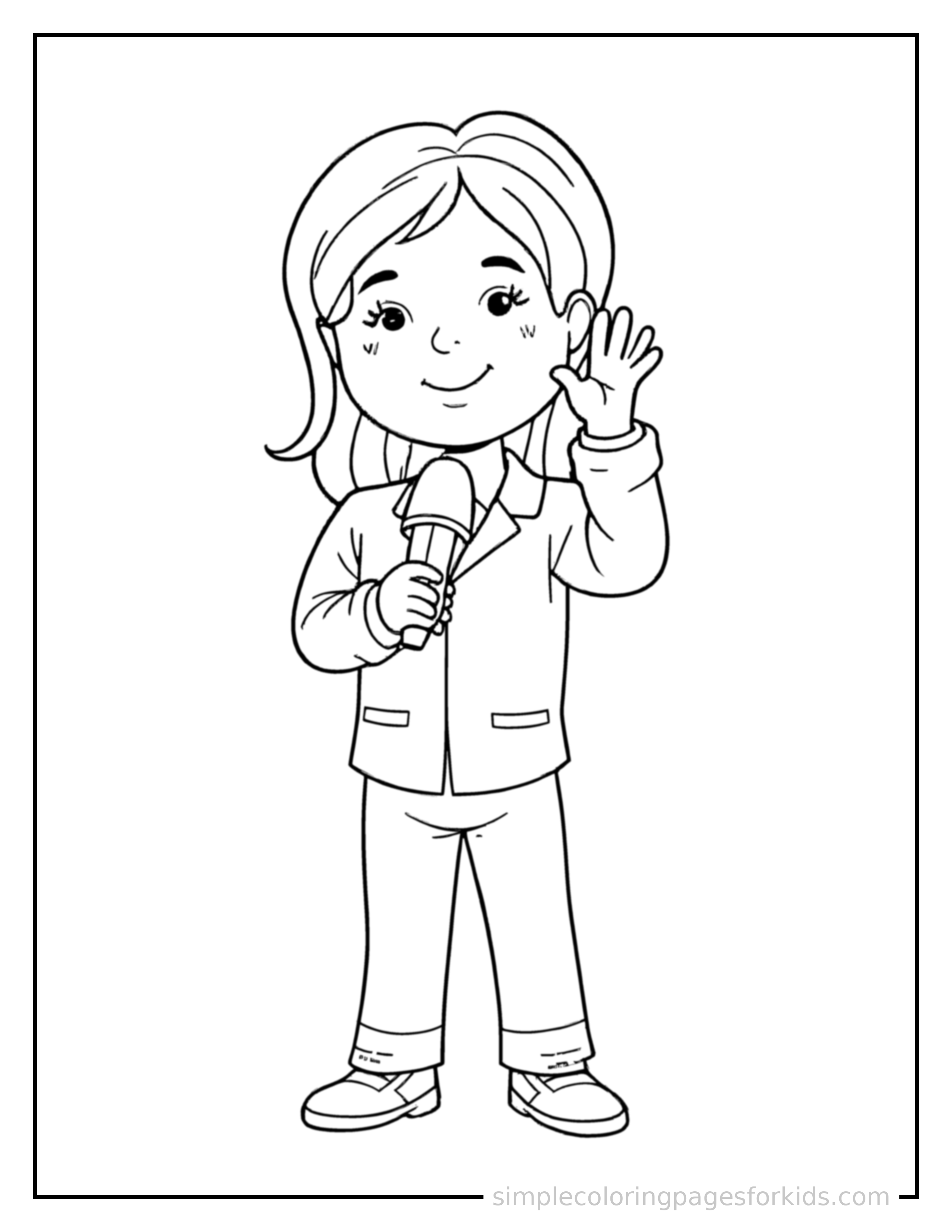 Free printable news reporter holding a microphone coloring page featuring a cute news reporter holding a microphone standing tall with a big cheerful grin, one hand raised in a wave, head tilted slightly.