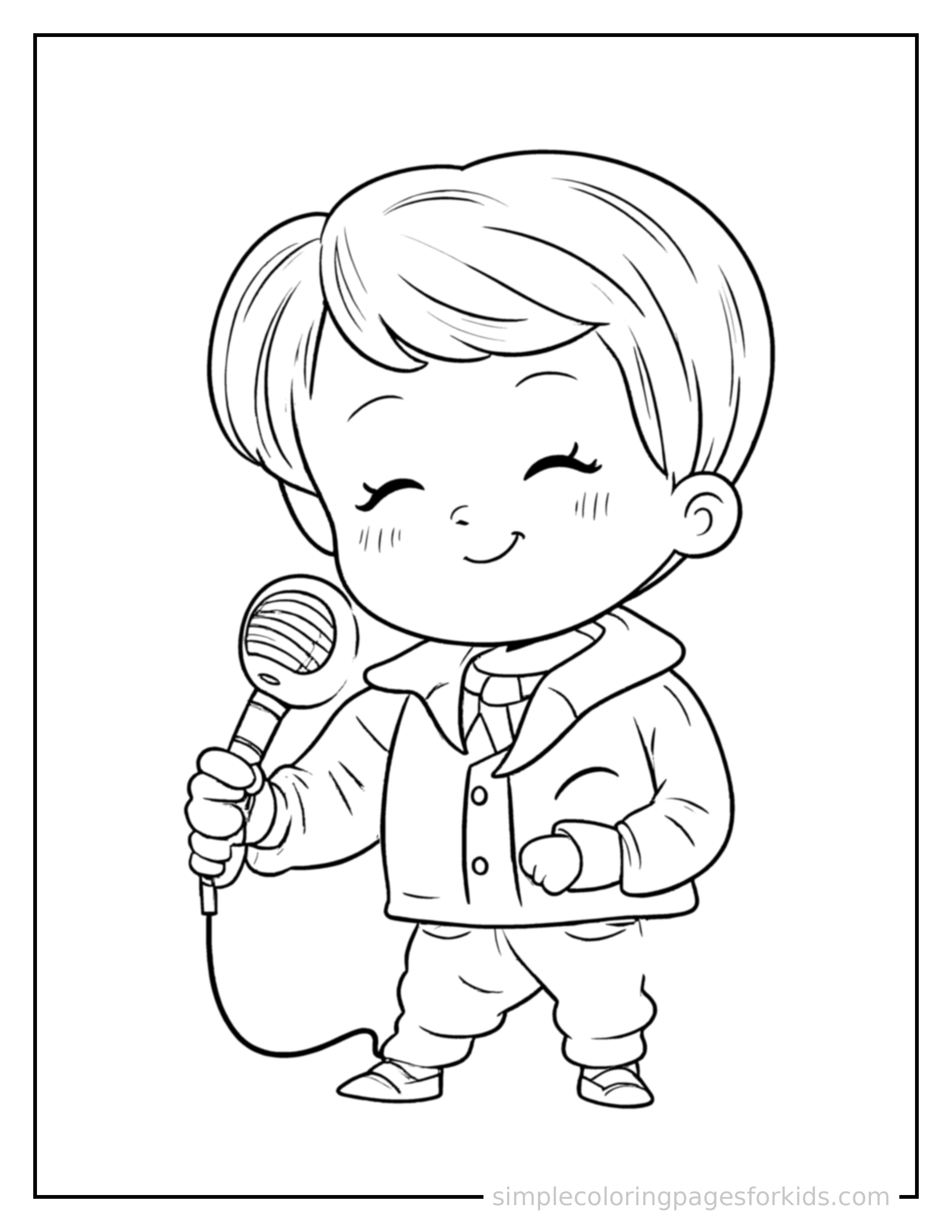 Free printable news reporter holding a microphone coloring page featuring a cute news reporter holding a microphone curled up fast asleep, peaceful smile, one eye scrunched shut, hands tucked under the chin.