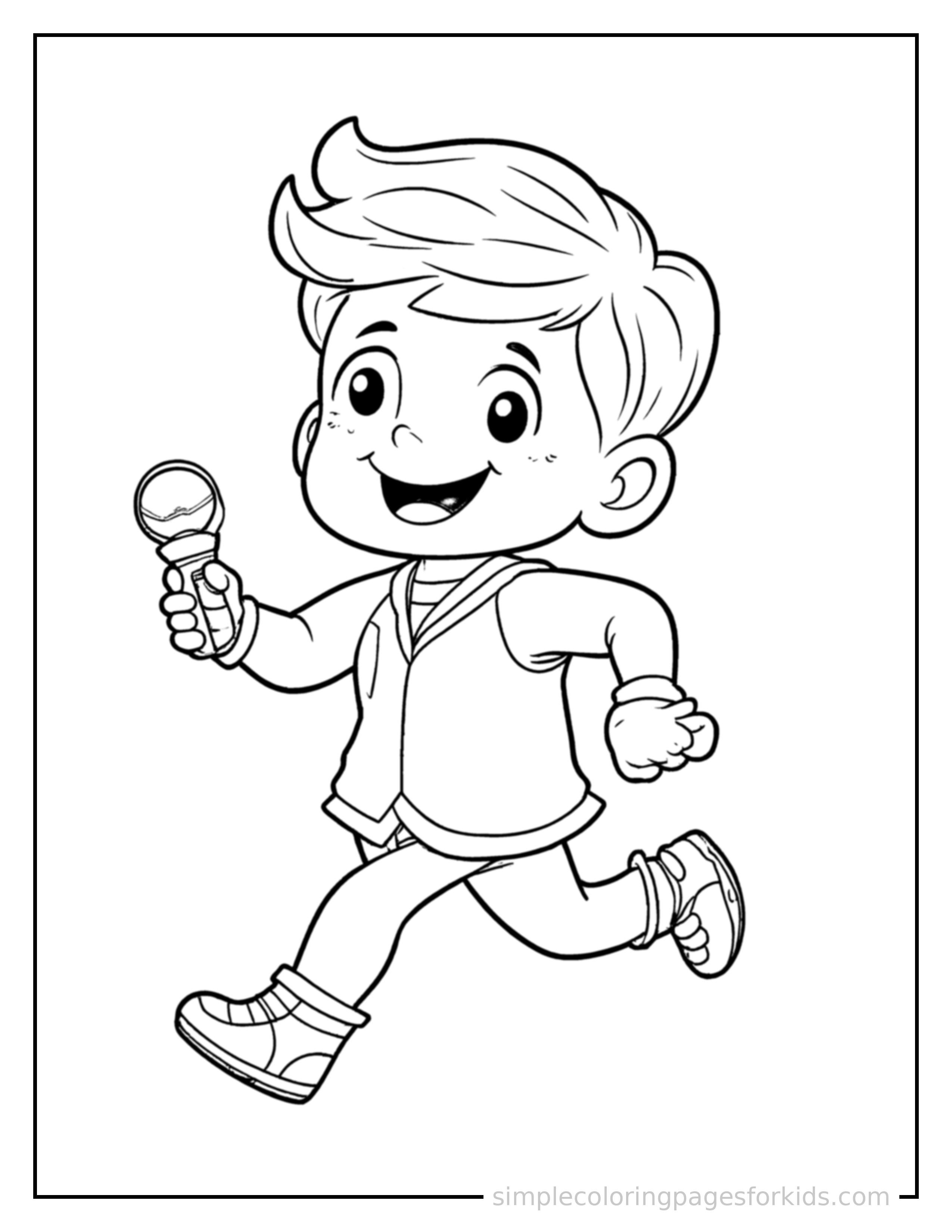 Free printable news reporter holding a microphone coloring page featuring a cute news reporter holding a microphone running forward at full speed, arms pumping, big happy grin.