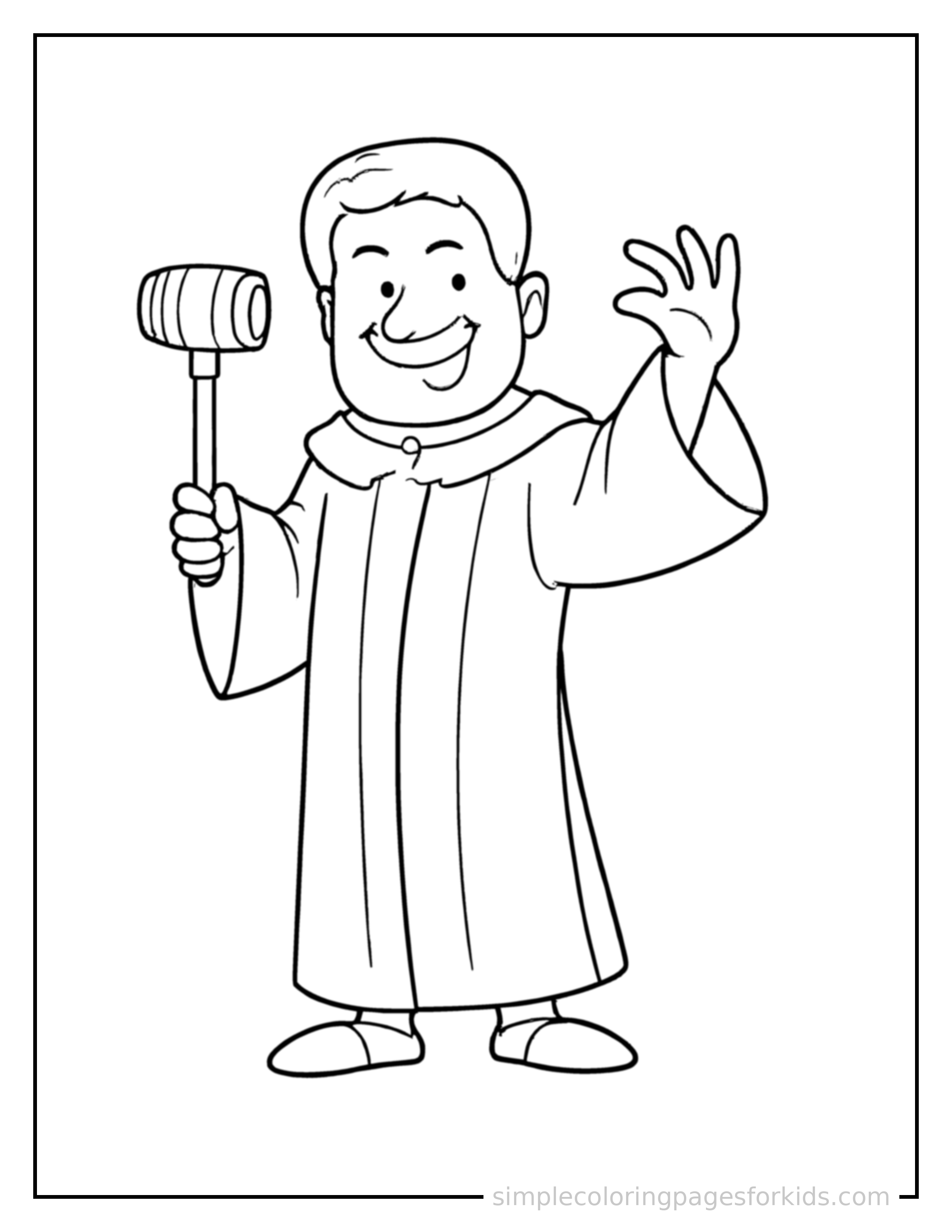 Free printable judge wearing a robe and holding a gavel coloring page featuring a cute judge wearing a robe and holding a gavel standing tall with a big cheerful grin, one hand raised in a wave, head tilted slightly.