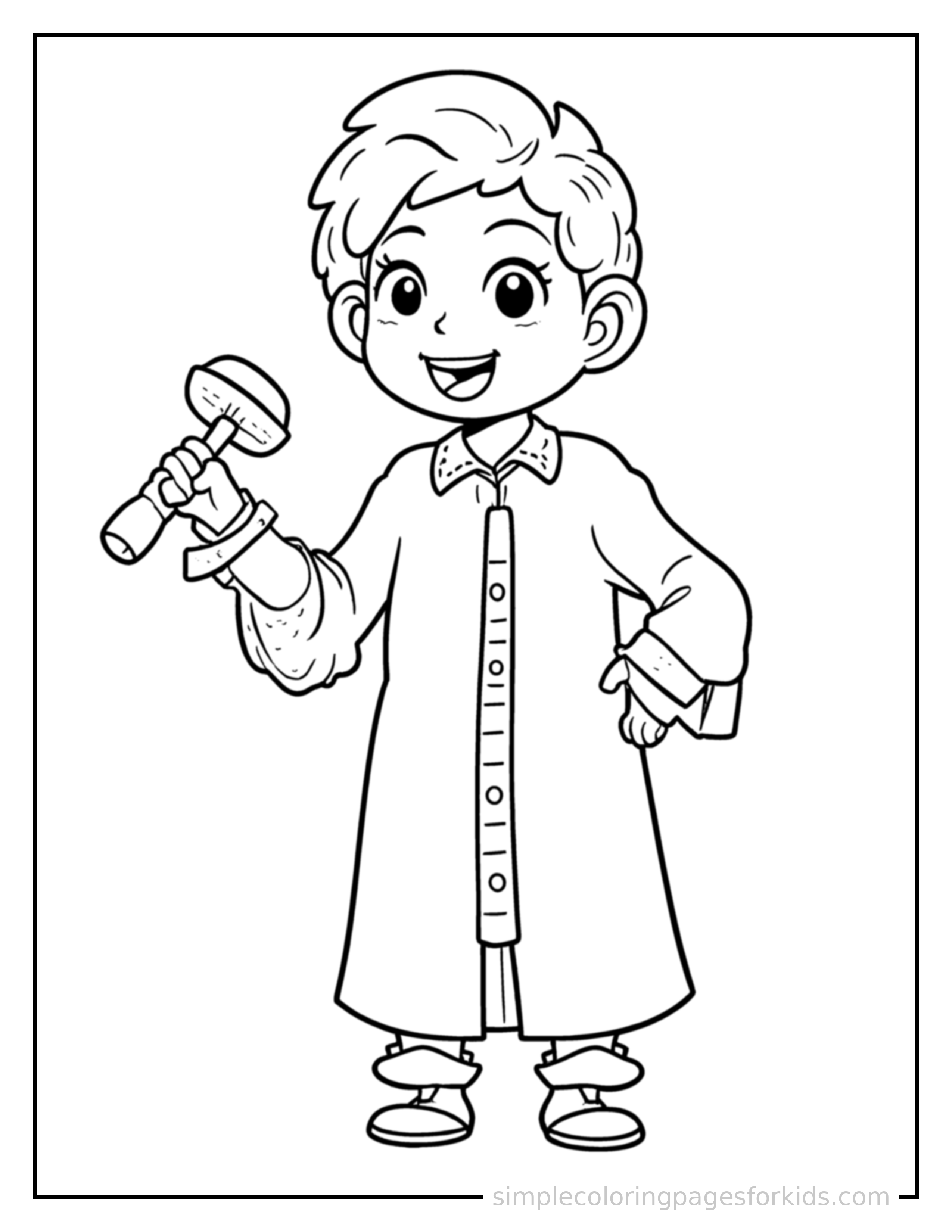 Free printable judge wearing a robe and holding a gavel coloring page featuring a cute judge wearing a robe and holding a gavel standing proudly with hands on hips, chest out, big sparkling happy eyes and open smile.