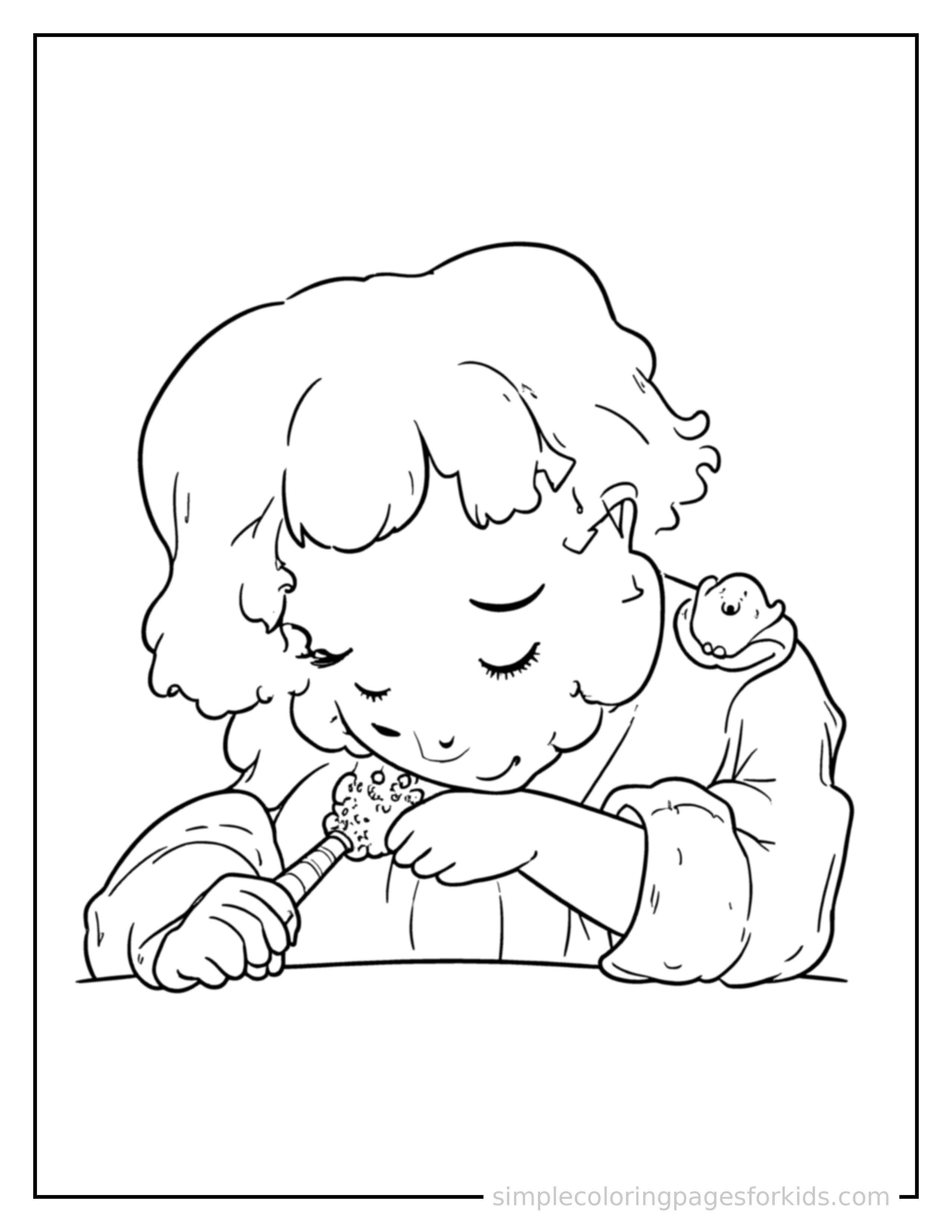 Free printable judge wearing a robe and holding a gavel coloring page featuring a cute judge wearing a robe and holding a gavel curled up fast asleep, peaceful smile, one eye scrunched shut, hands tucked under the chin.