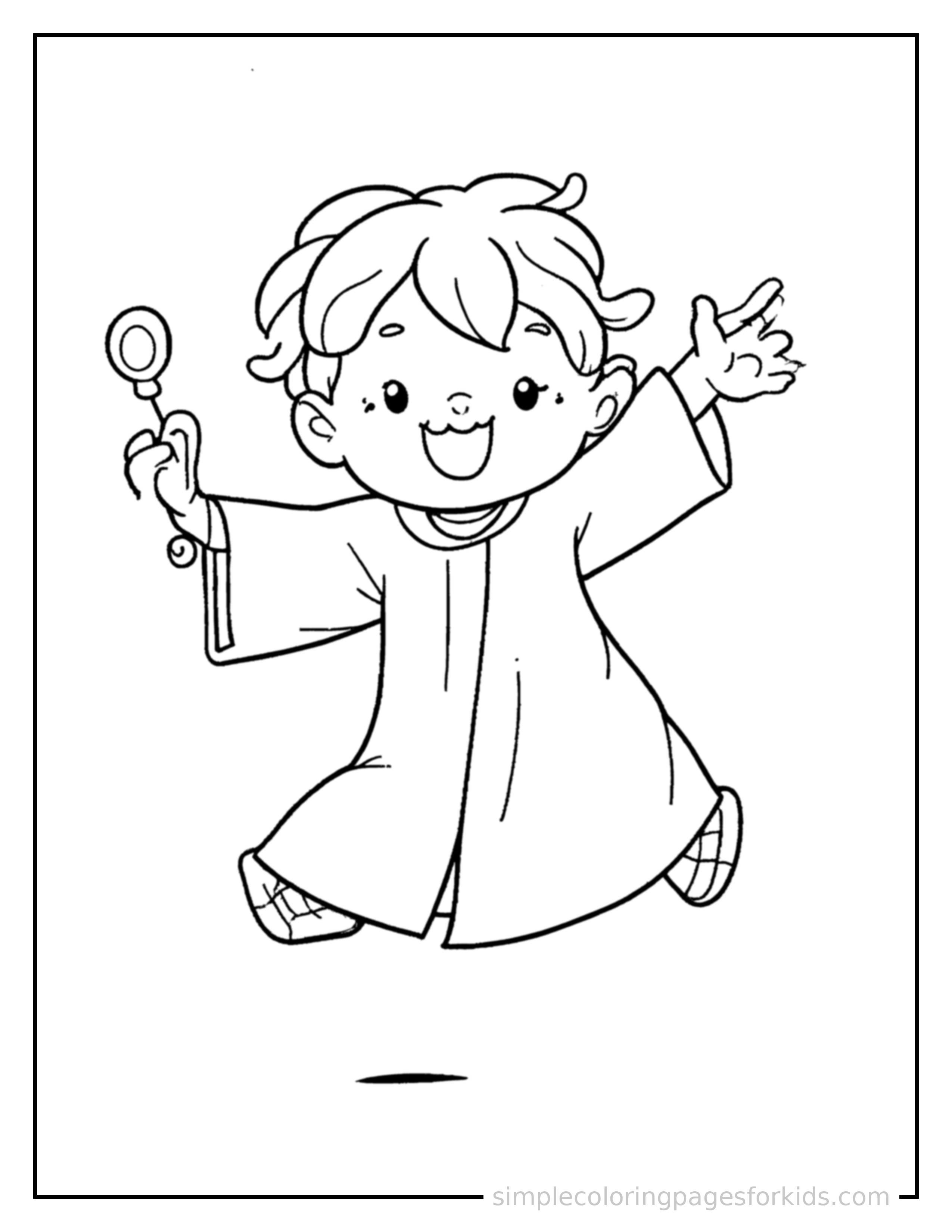 Free printable judge wearing a robe and holding a gavel coloring page featuring a cute judge wearing a robe and holding a gavel mid-jump with arms and legs stretched out playfully, mouth open with excitement.