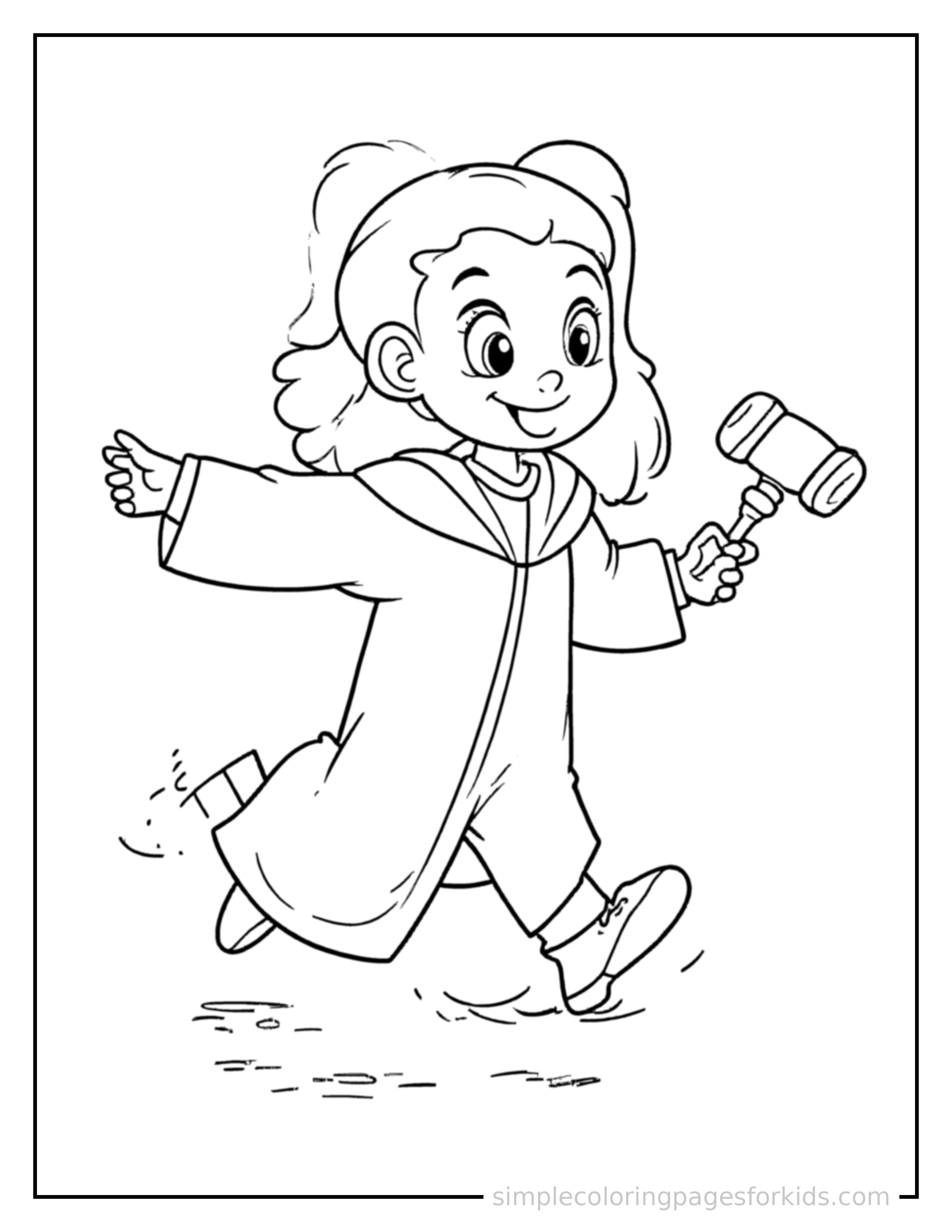 Free printable judge wearing a robe and holding a gavel coloring page featuring a cute judge wearing a robe and holding a gavel running forward at full speed, arms pumping, big happy grin.
