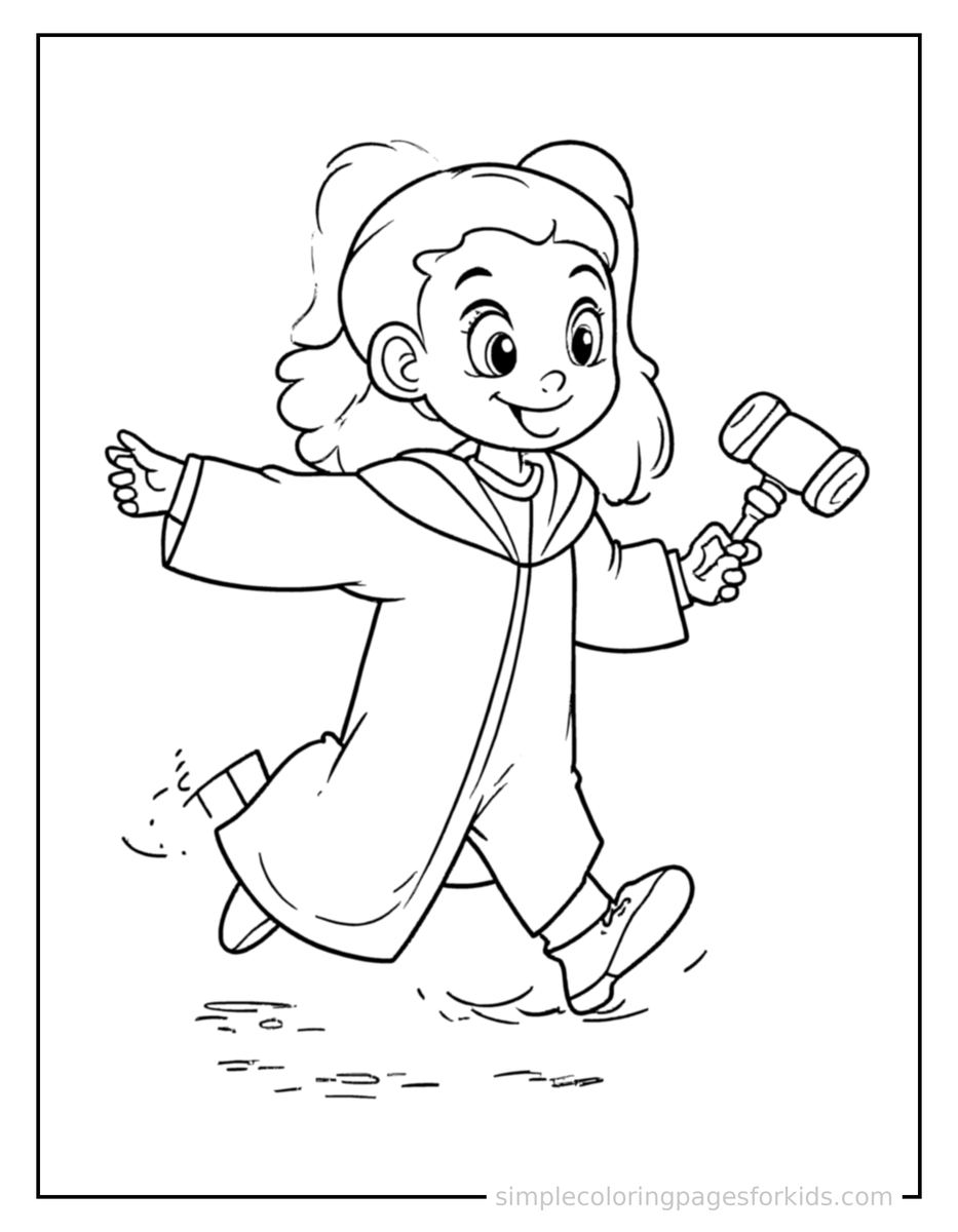 Running Judge Wearing A Robe And Holding A Gavel Coloring Page