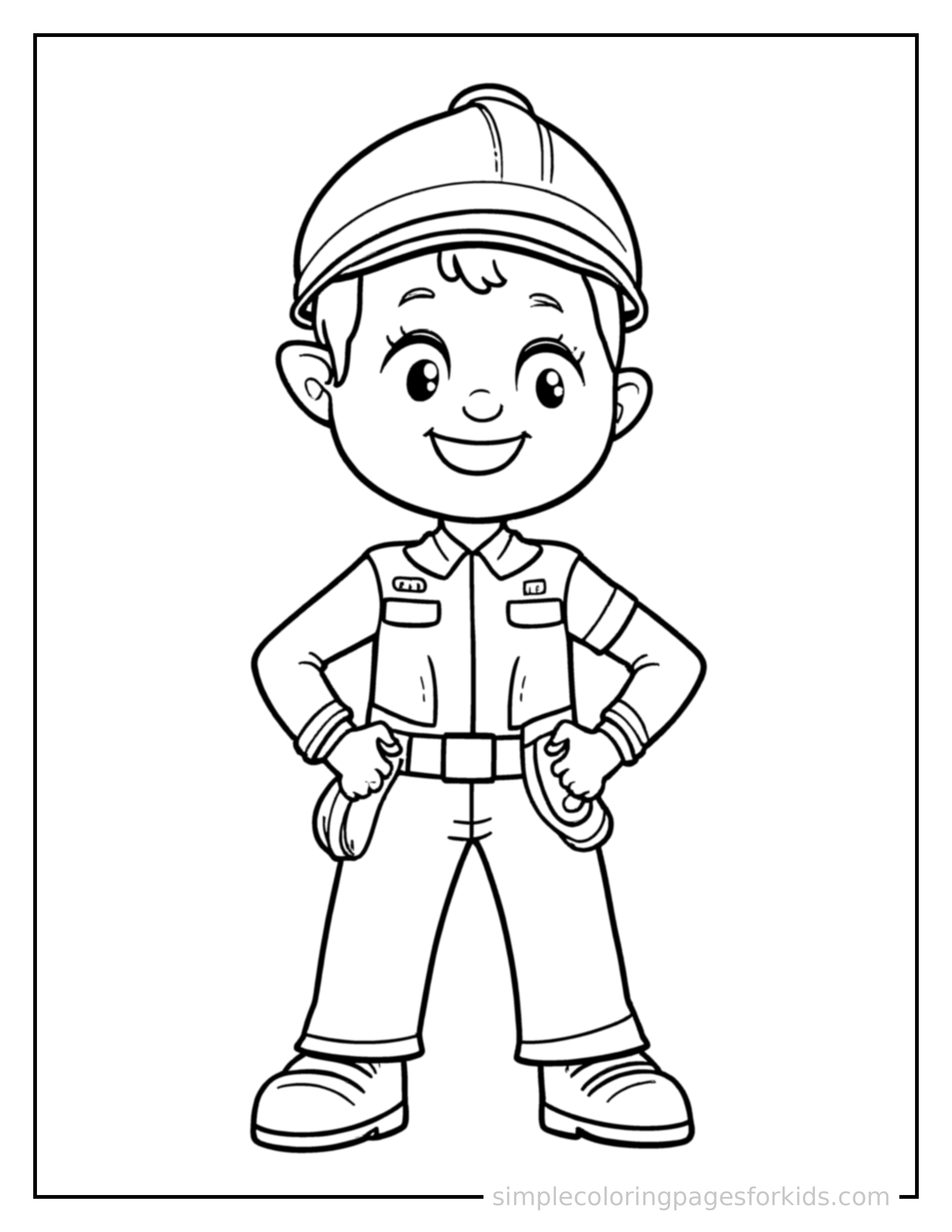 Free printable engineer holding blueprints coloring page featuring a cute engineer holding blueprints standing proudly with hands on hips, chest out, big sparkling happy eyes and open smile.