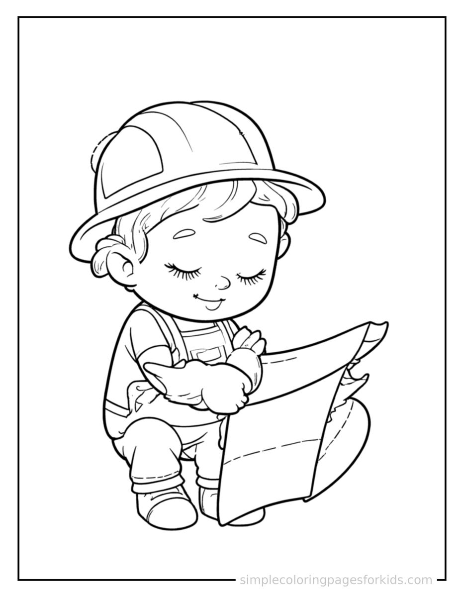 Sleepy Engineer Holding Blueprints Coloring Page