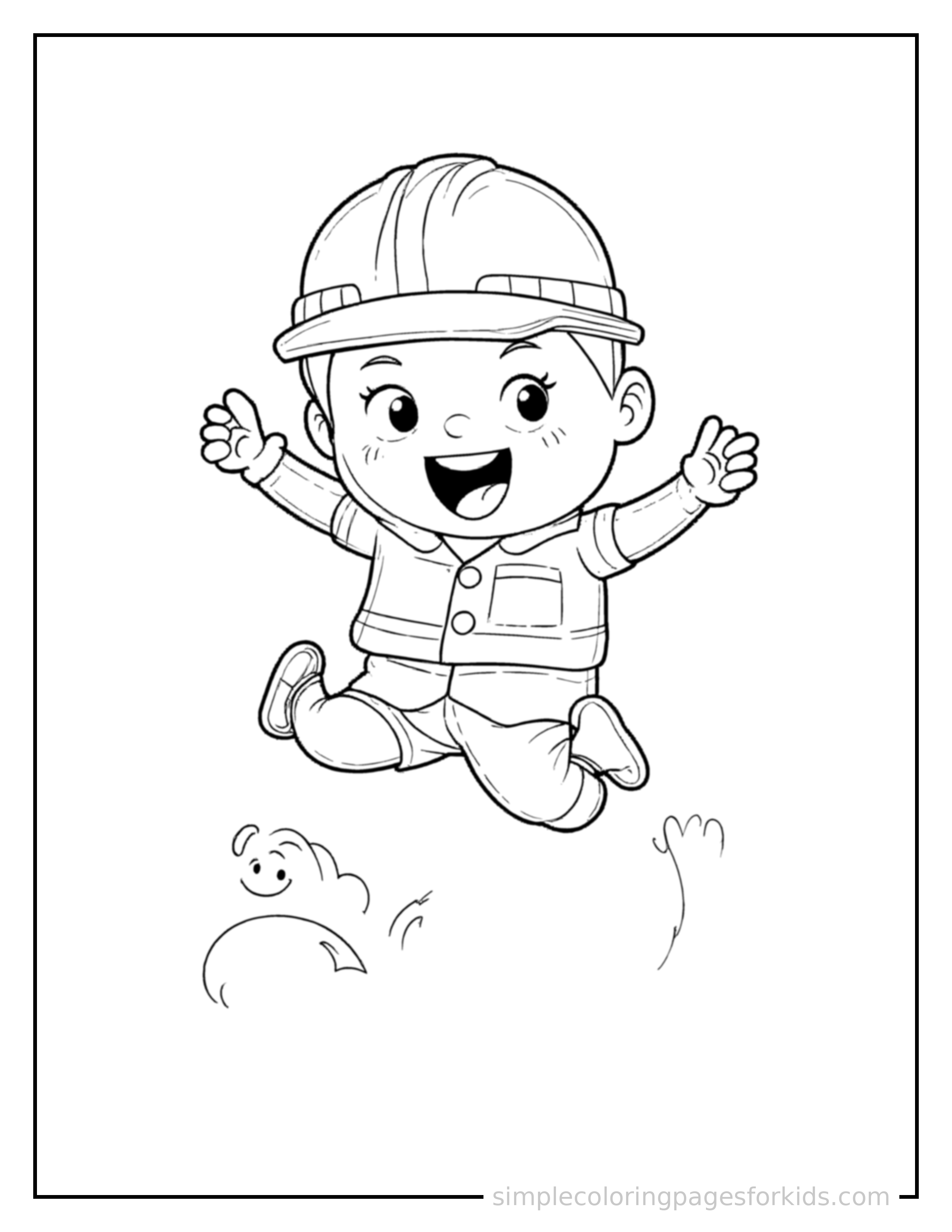 Free printable engineer holding blueprints coloring page featuring a cute engineer holding blueprints mid-jump with arms and legs stretched out playfully, mouth open with excitement.