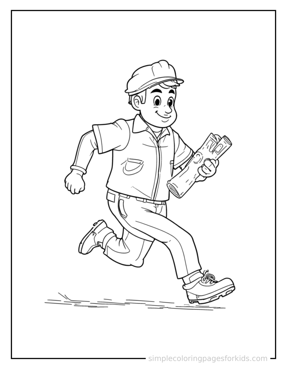Running Engineer Holding Blueprints Coloring Page