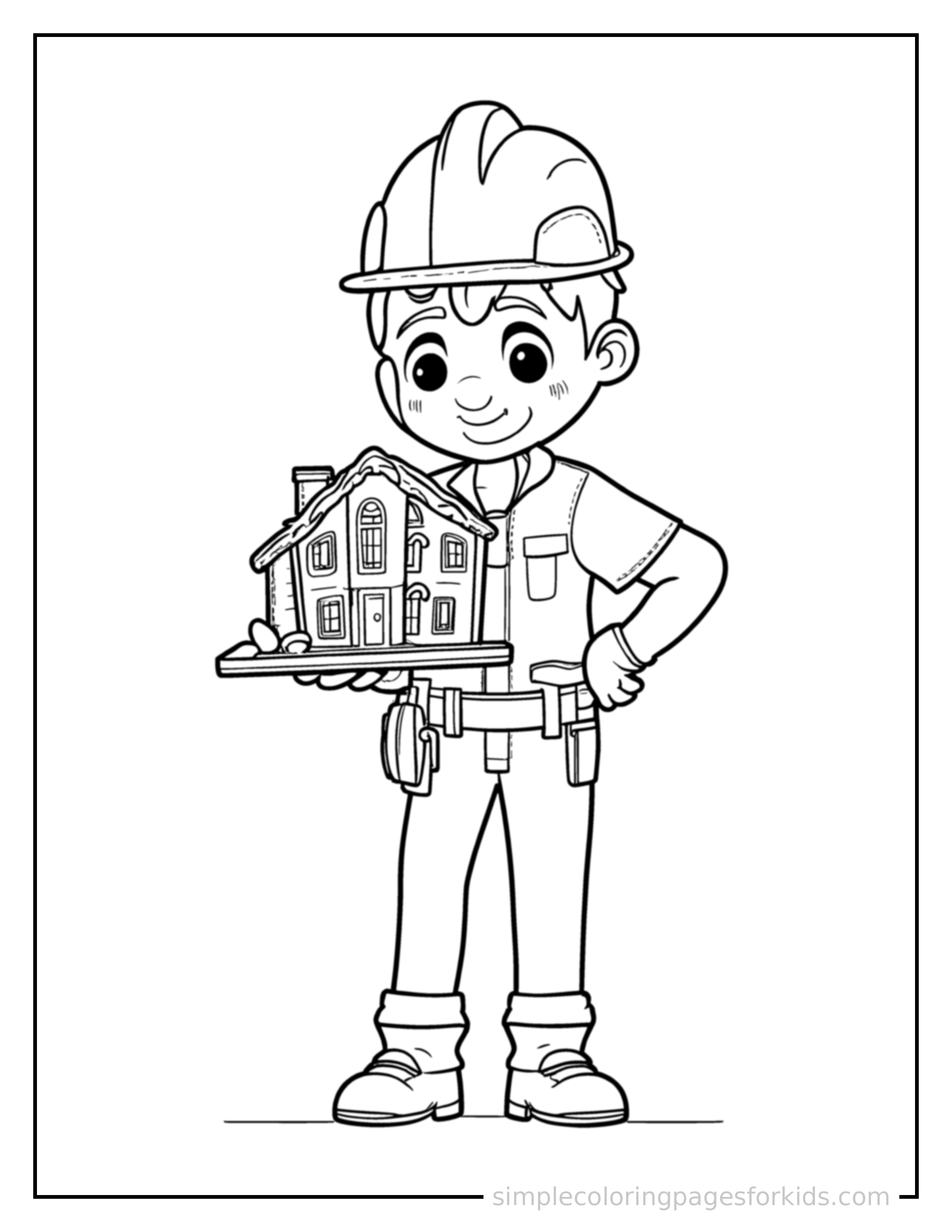 Free printable architect holding a building model coloring page featuring a cute architect holding a building model standing proudly with hands on hips, chest out, big sparkling happy eyes and open smile.