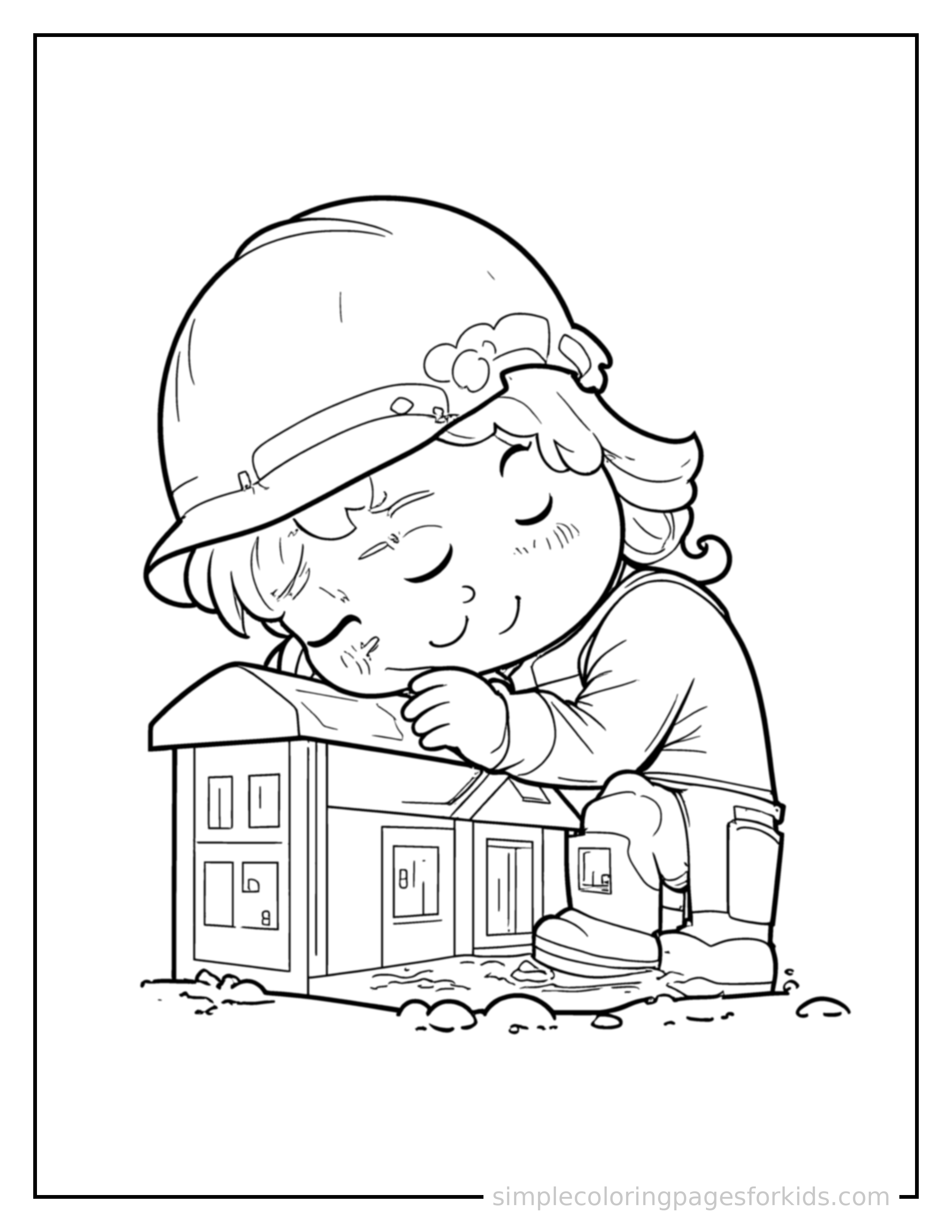 Free printable architect holding a building model coloring page featuring a cute architect holding a building model curled up fast asleep, peaceful smile, one eye scrunched shut, hands tucked under the chin.