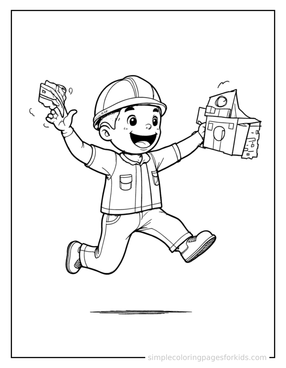Jumping Architect Holding A Building Model Coloring Page