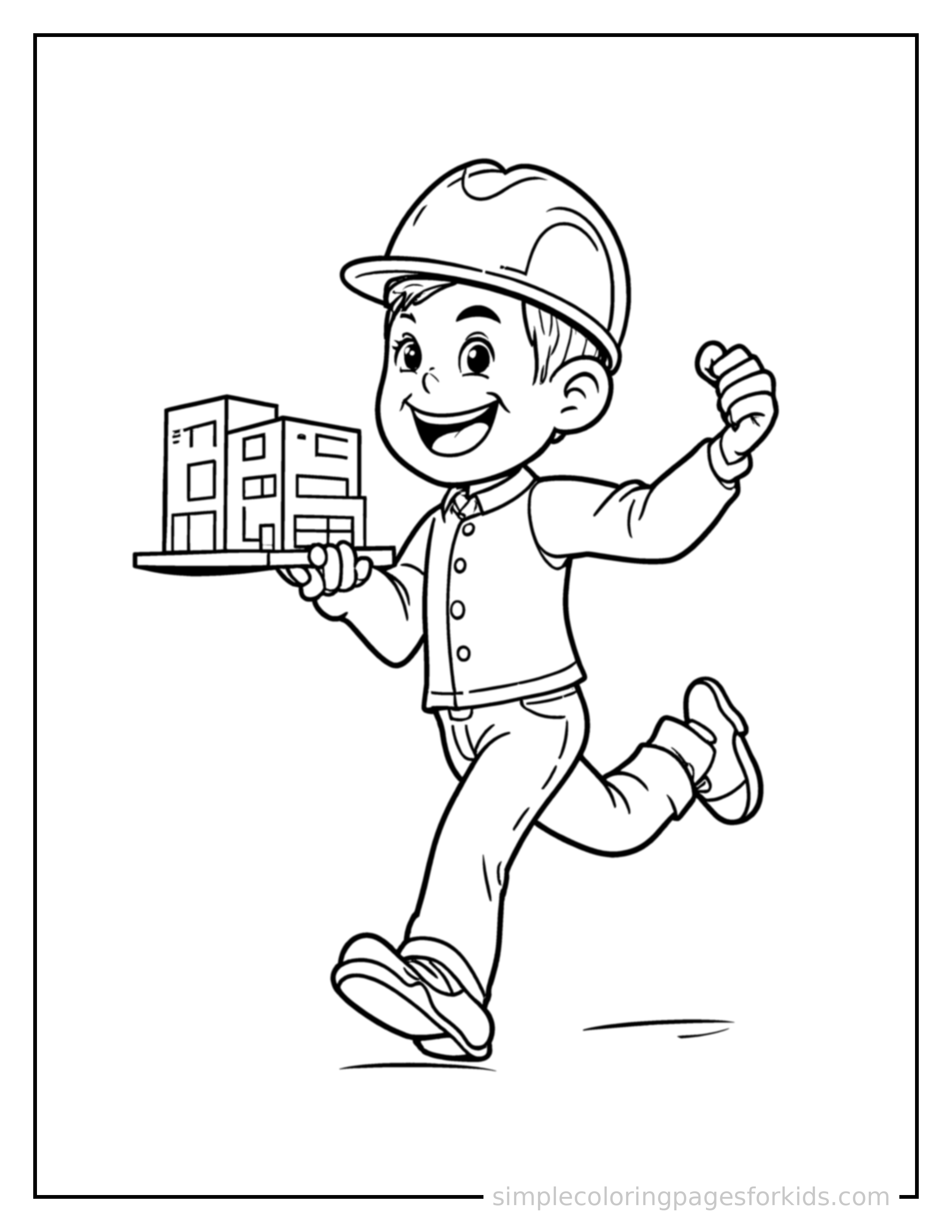 Free printable architect holding a building model coloring page featuring a cute architect holding a building model running forward at full speed, arms pumping, big happy grin.