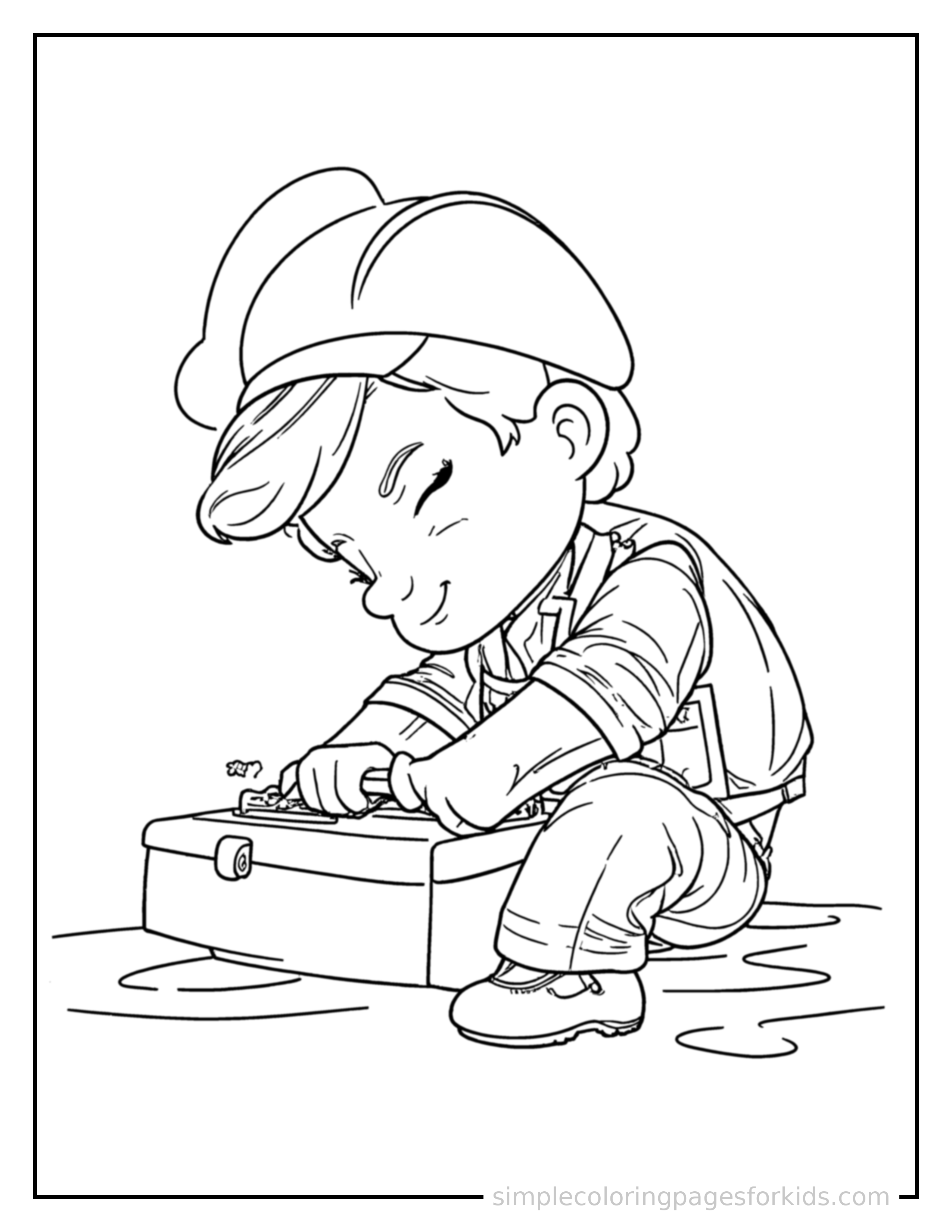 Free printable electrician holding a toolbox coloring page featuring a cute electrician holding a toolbox curled up fast asleep, peaceful smile, one eye scrunched shut, hands tucked under the chin.