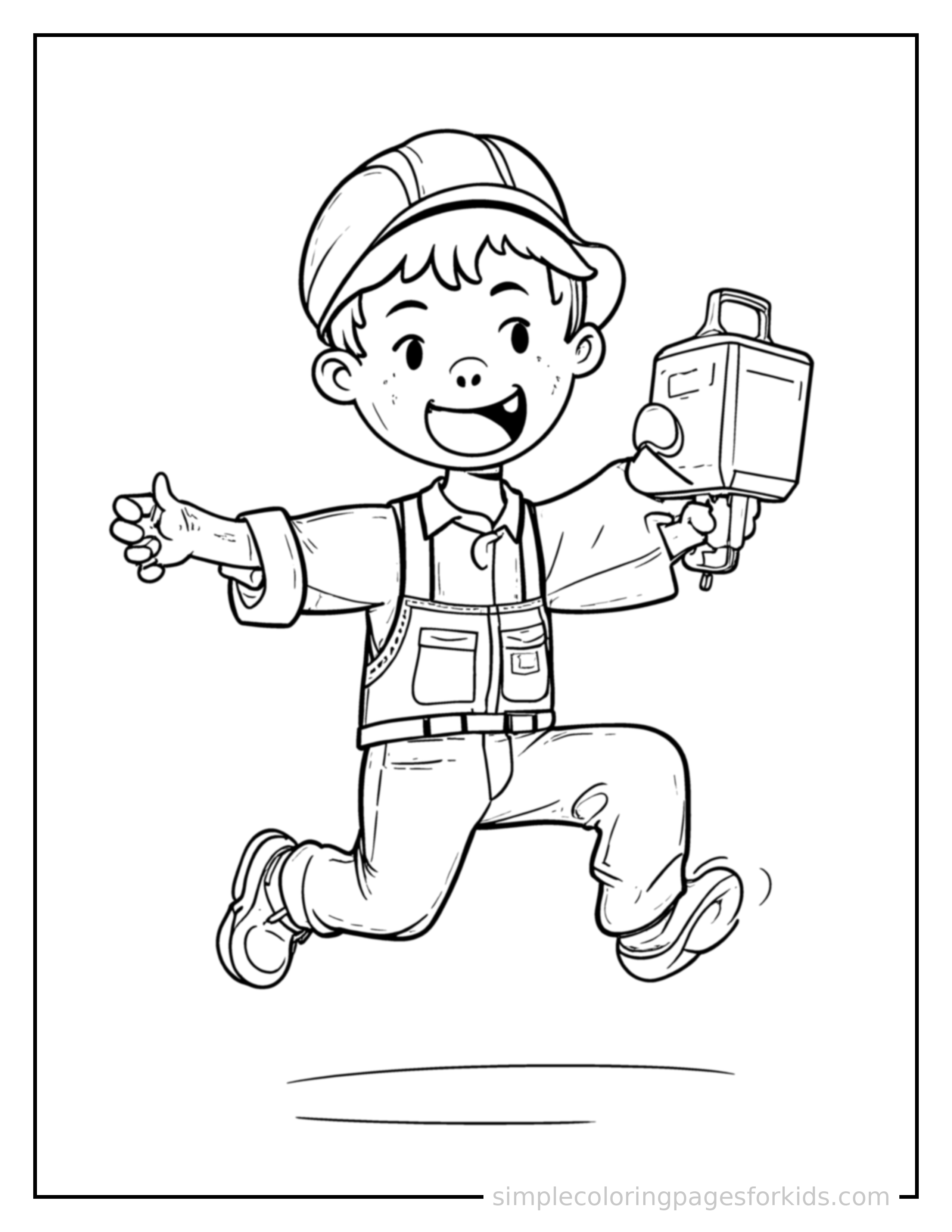 Free printable electrician holding a toolbox coloring page featuring a cute electrician holding a toolbox mid-jump with arms and legs stretched out playfully, mouth open with excitement.