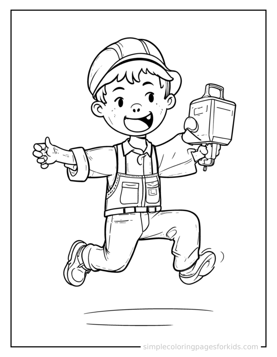 Jumping Electrician Holding A Toolbox Coloring Page