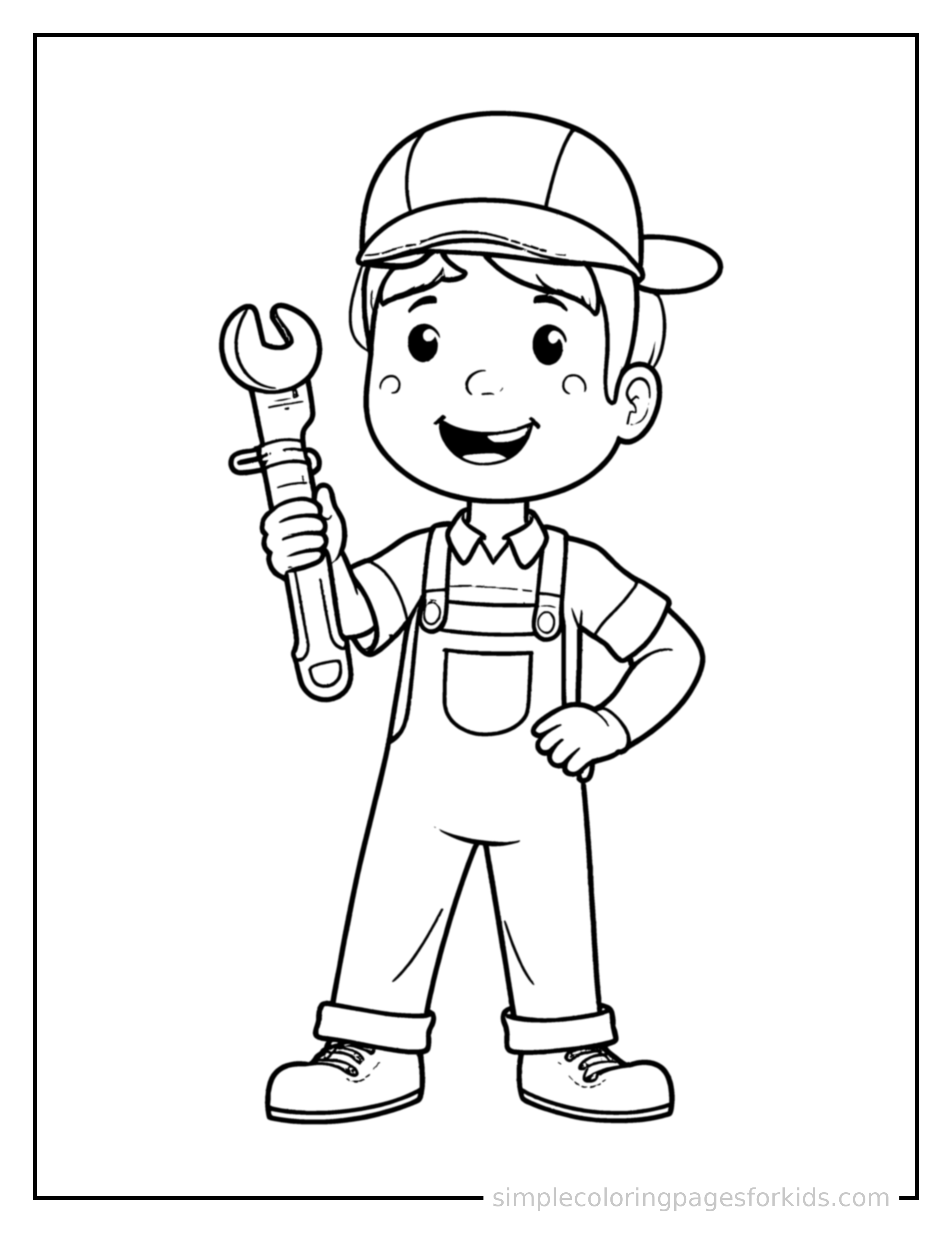 Free printable plumber holding a wrench coloring page featuring a cute plumber holding a wrench standing tall with a big cheerful grin, one hand raised in a wave, head tilted slightly.